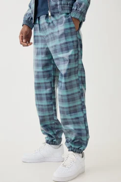 Elastic Waist Check Pu Parachute Trouser | BoohooMAN UK