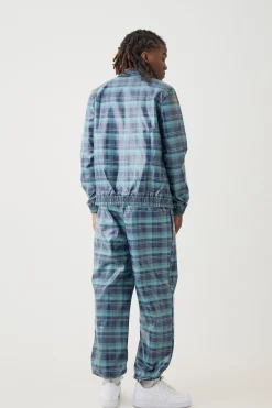 Elastic Waist Check Pu Parachute Trouser | BoohooMAN UK