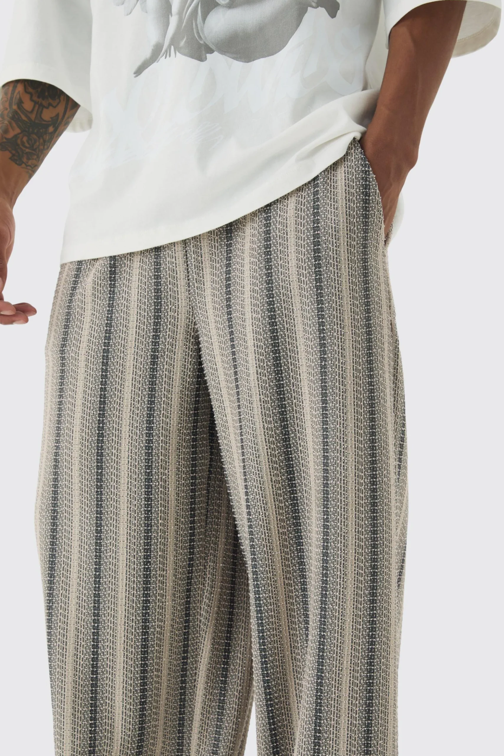 Elasticated Waist Baggy Boucle Trousers | BoohooMAN UK