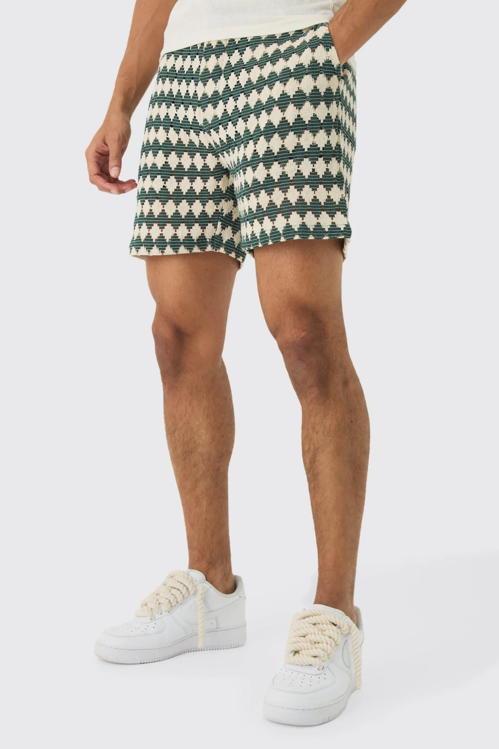 Elasticated Waist Diamond Crochet Bermuda Shorts | BoohooMAN UK
