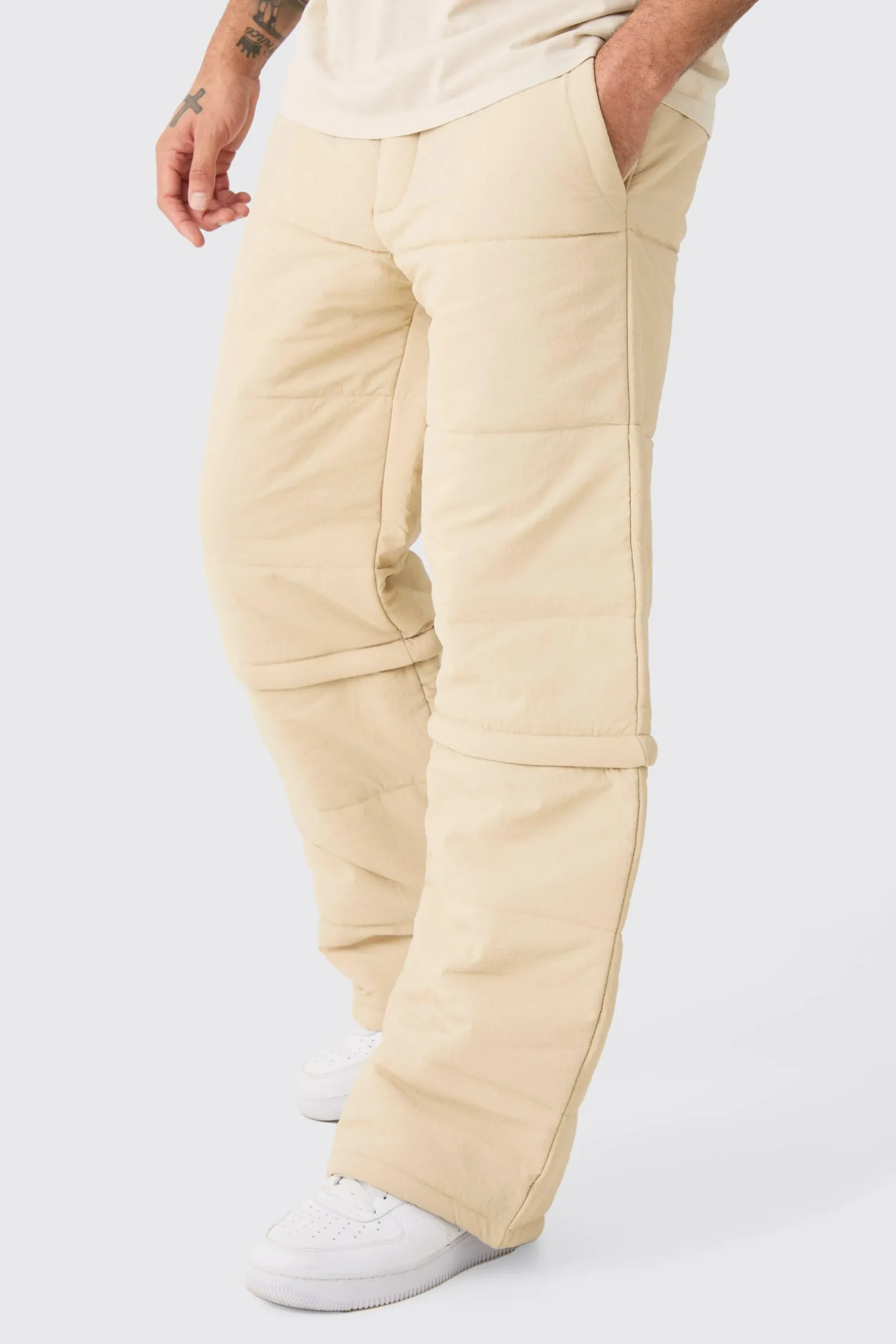 Elasticated Waist Quilted Zip Off Wide Leg Trousers | BoohooMAN UK