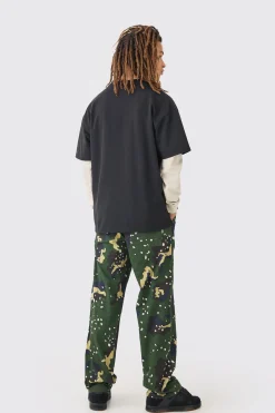 Elasticated Waist Relaxed Fit Belted Twill Camo Trouser | BoohooMAN UK