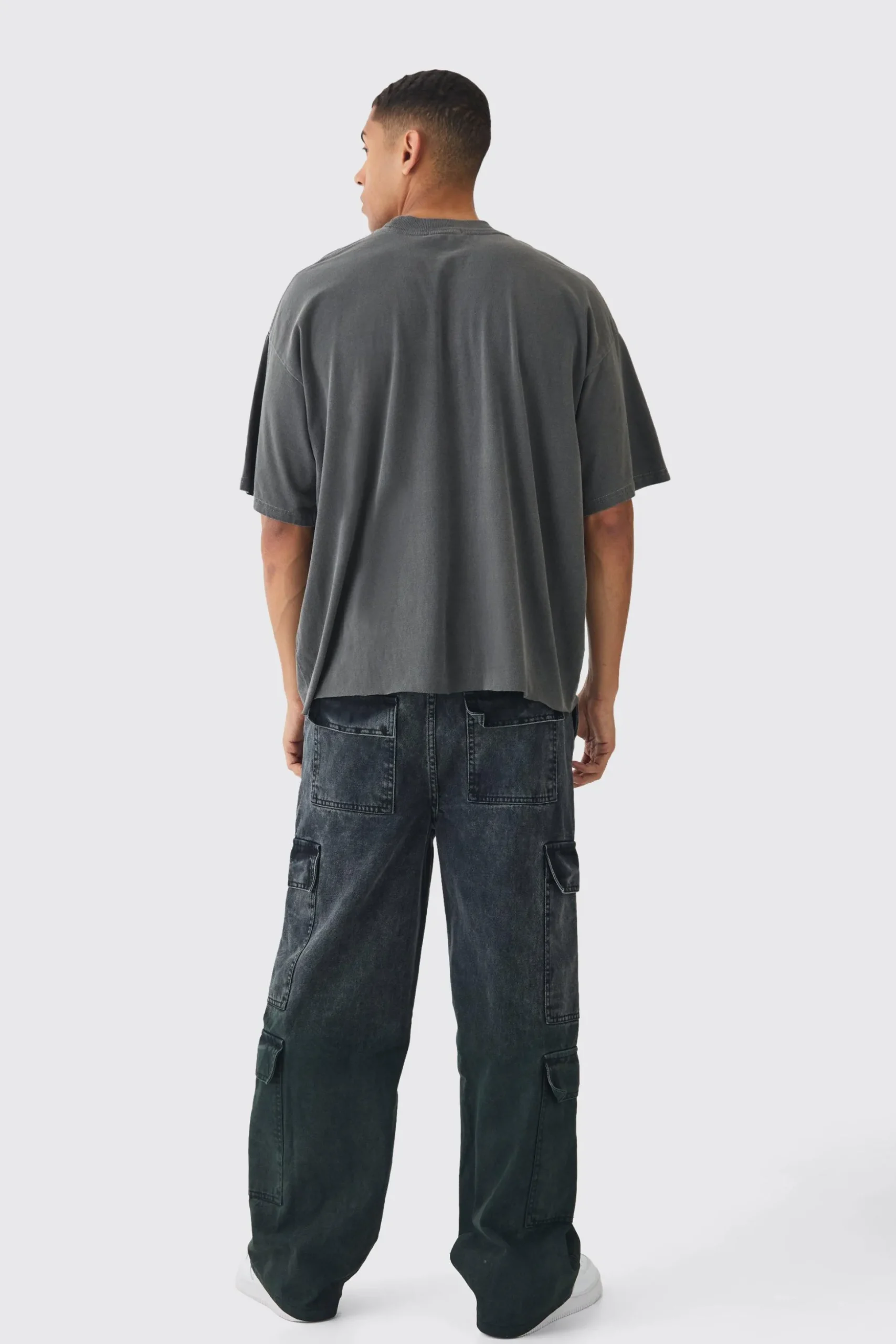 Elasticated Waist Relaxed Rigid Ombre Cargo Denim Jeans | BoohooMAN UK
