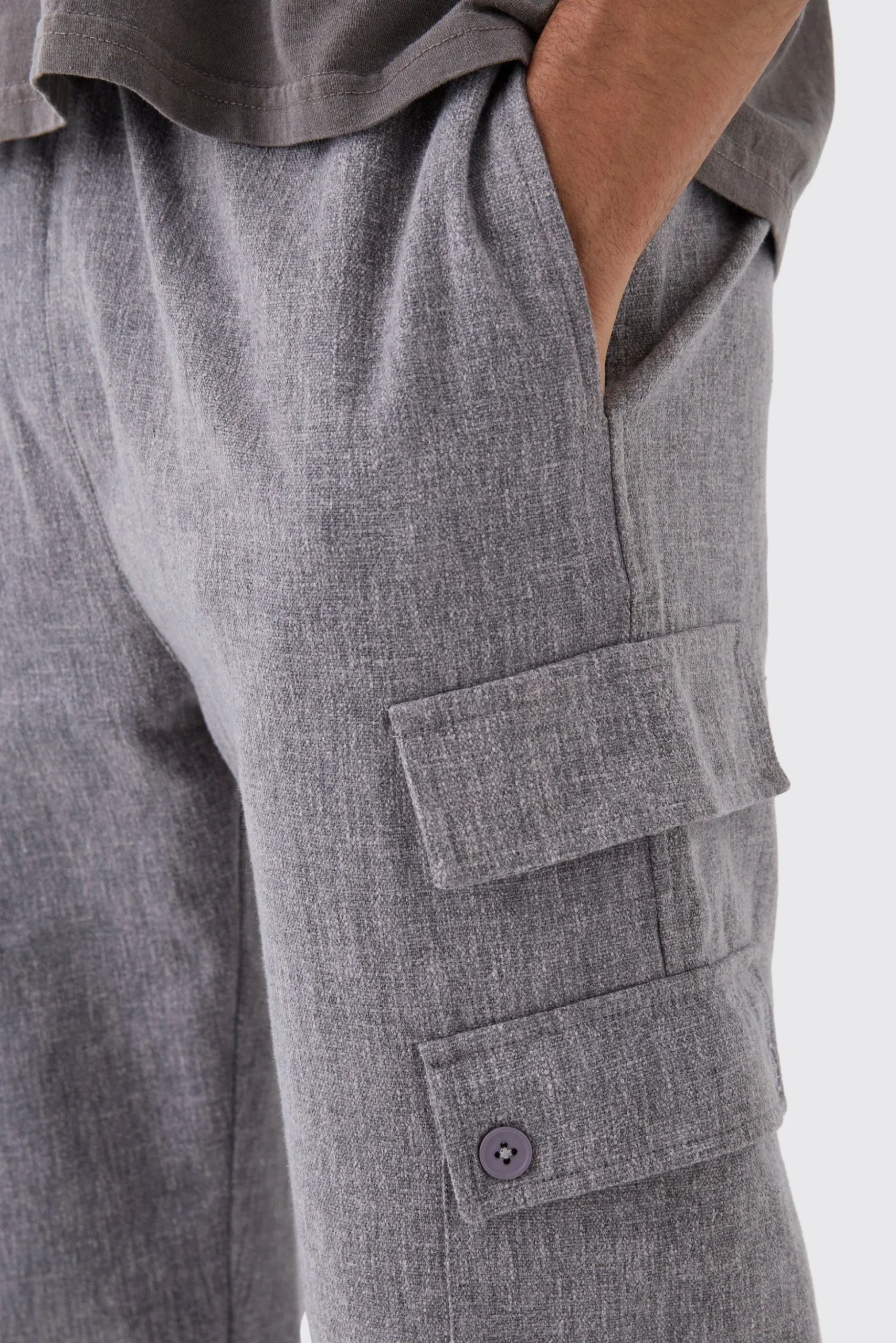 Elasticated Waist Straight Leg Heavy Slub Cargo Trousers | BoohooMAN UK