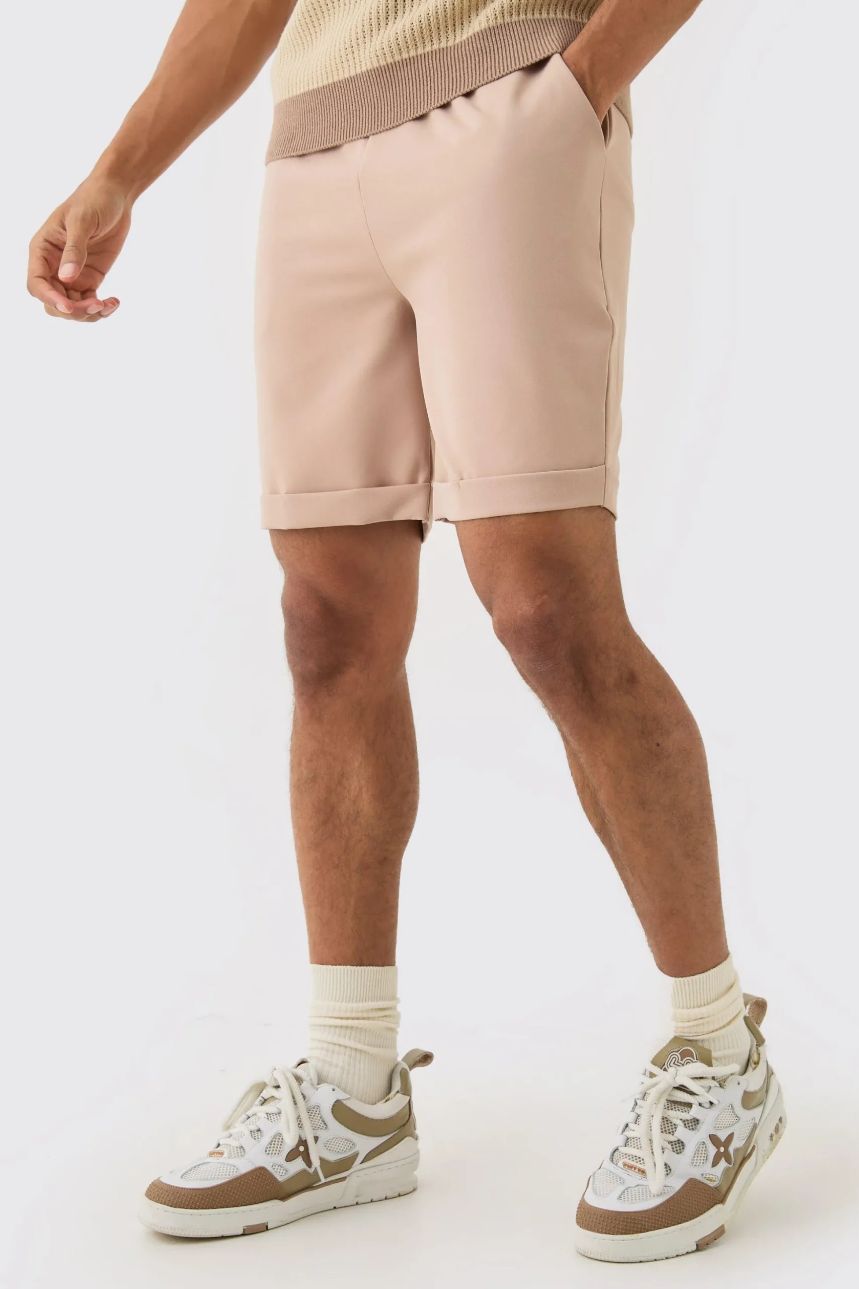 Elasticated Waist Turn Up Stretch Slim Fit Shorts | BoohooMAN UK