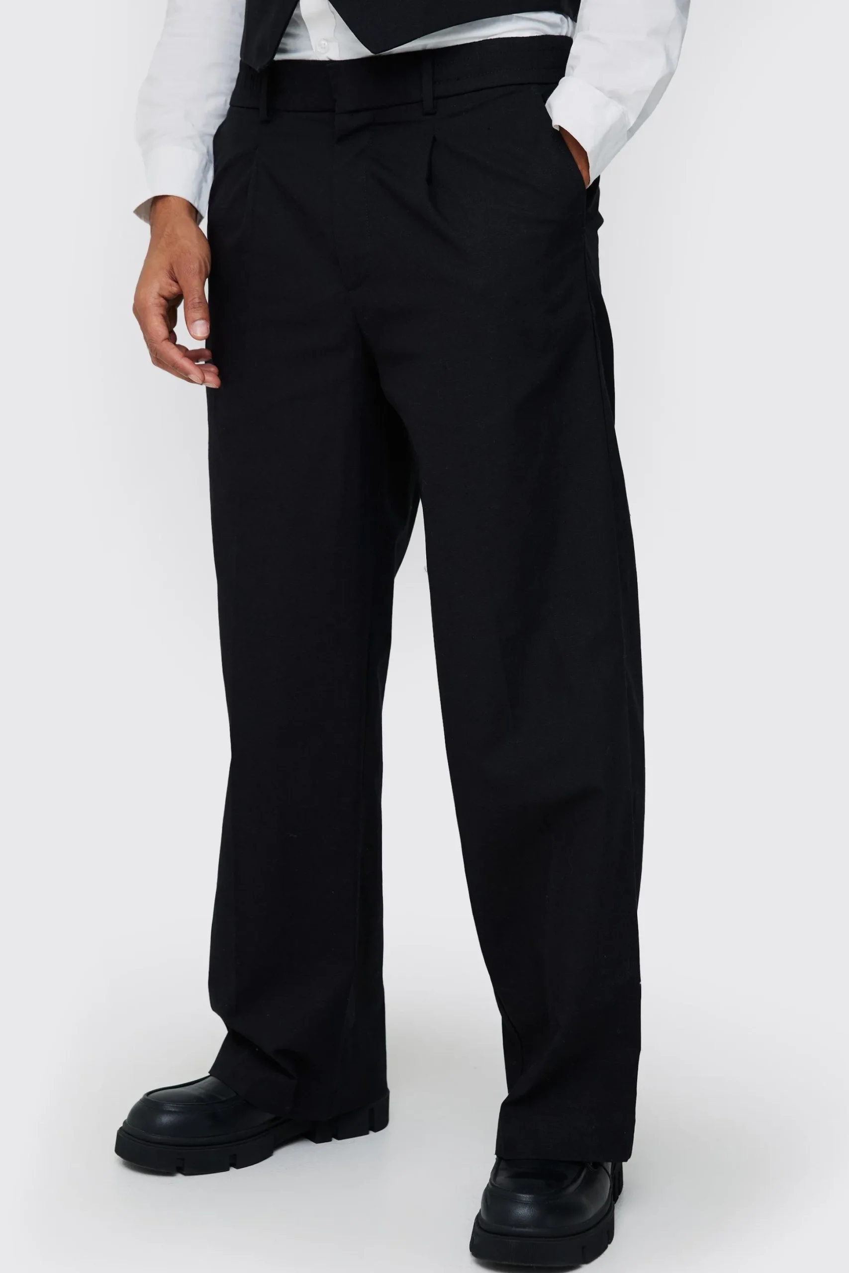 Elasticated Waistband Linen Blend Wide Leg Trousers | BoohooMAN UK