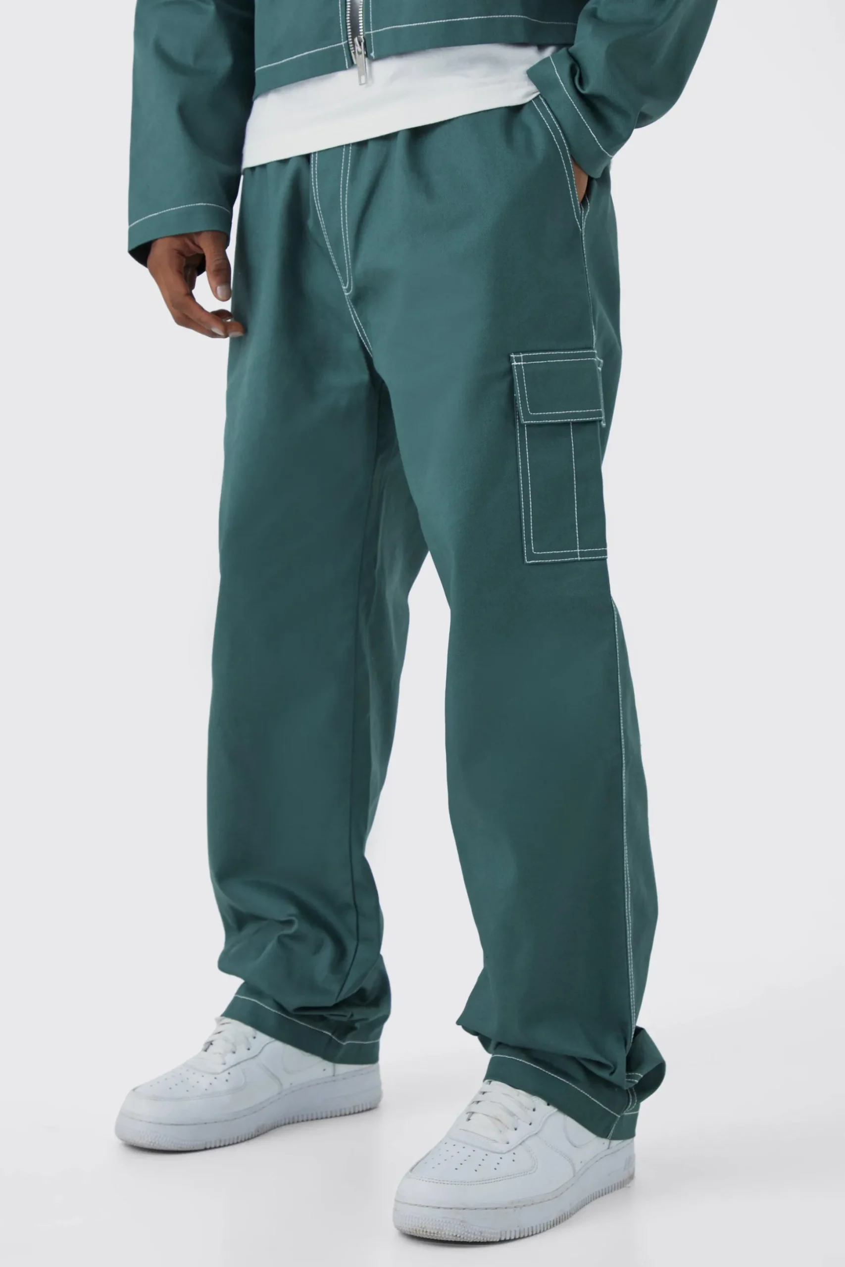 Elasticated Waistband Twill Contrast Stitch Relaxed Cargo | BoohooMAN UK
