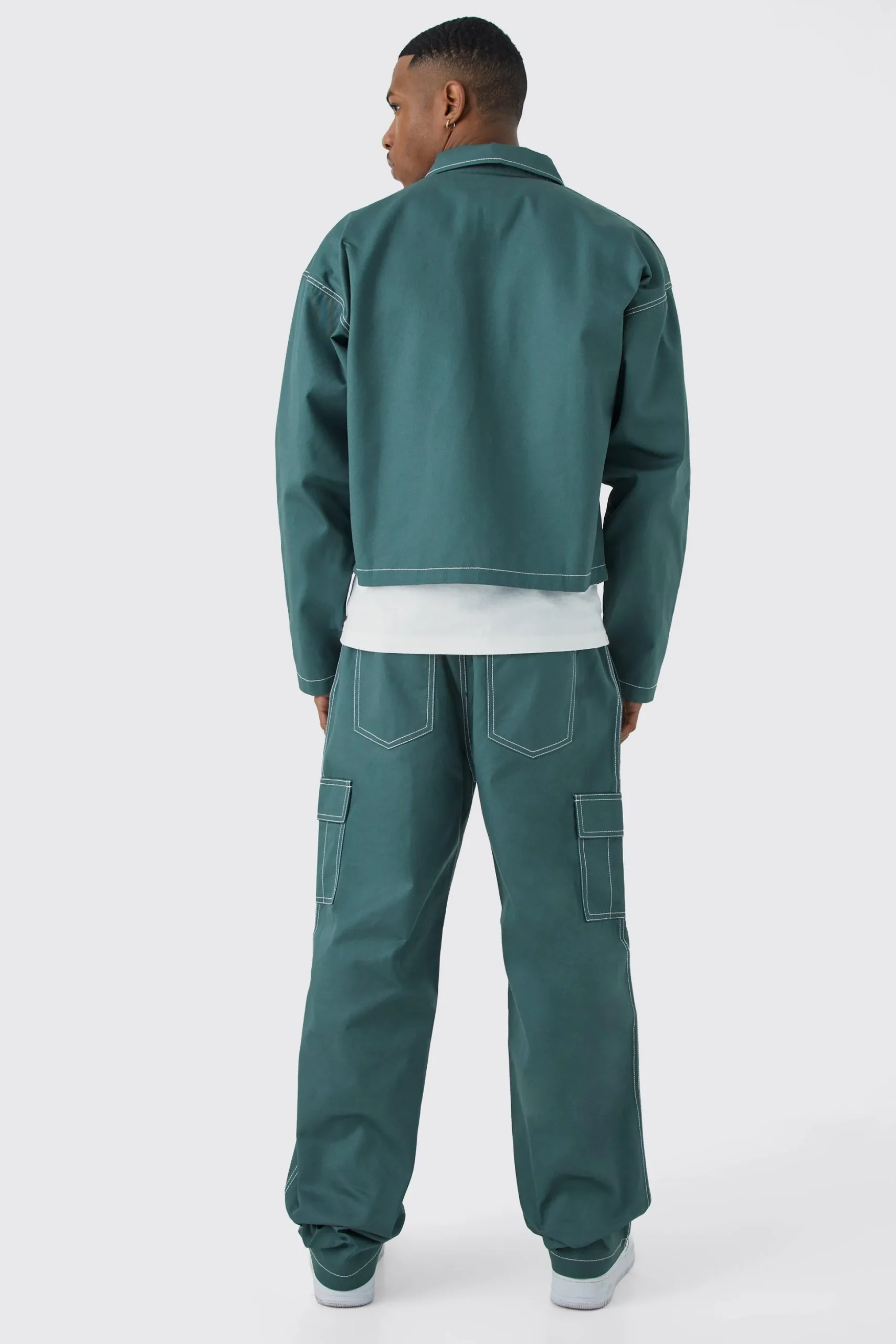 Elasticated Waistband Twill Contrast Stitch Relaxed Cargo | BoohooMAN UK