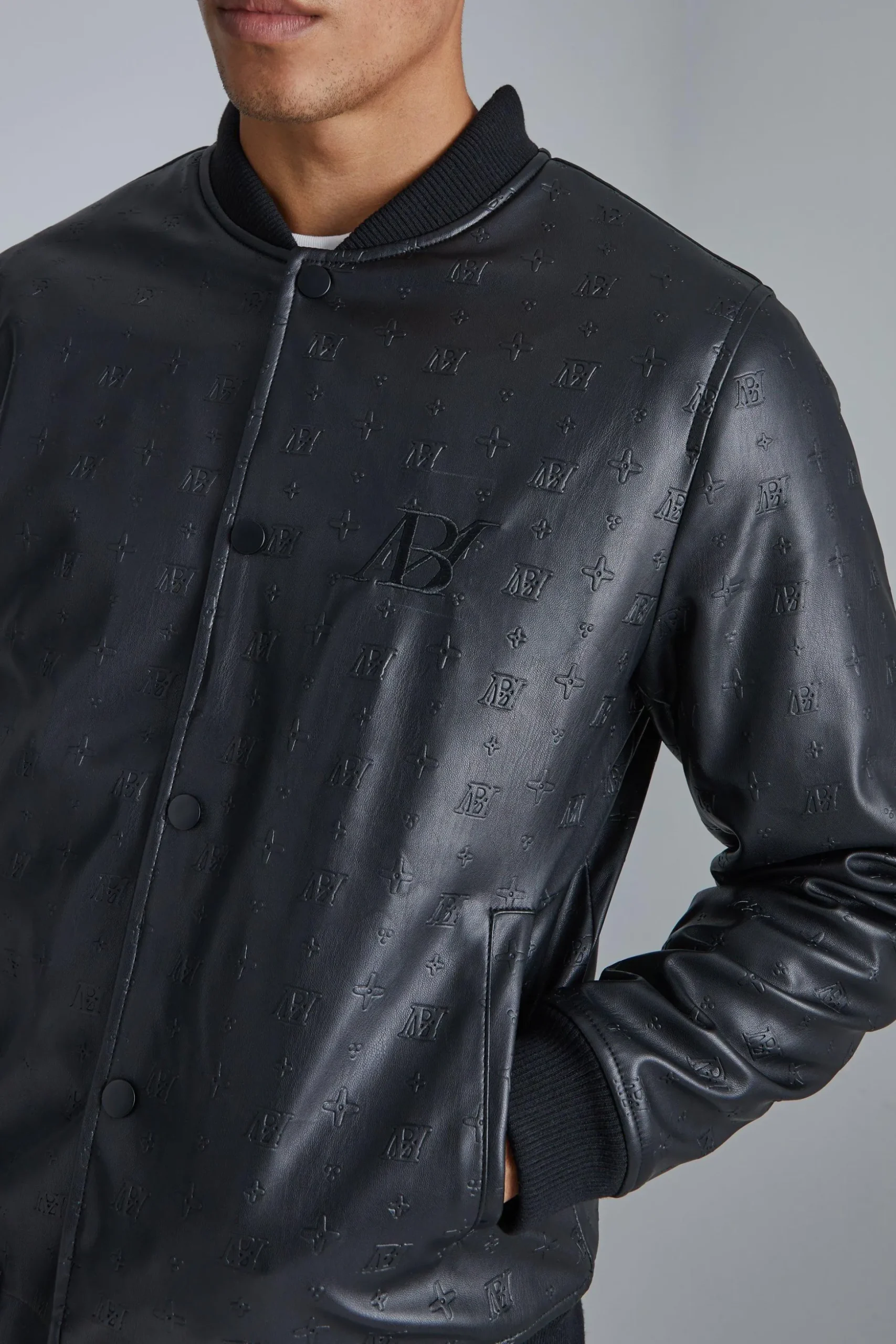 Embossed Pu Varsity Jacket With Badge | BoohooMAN UK