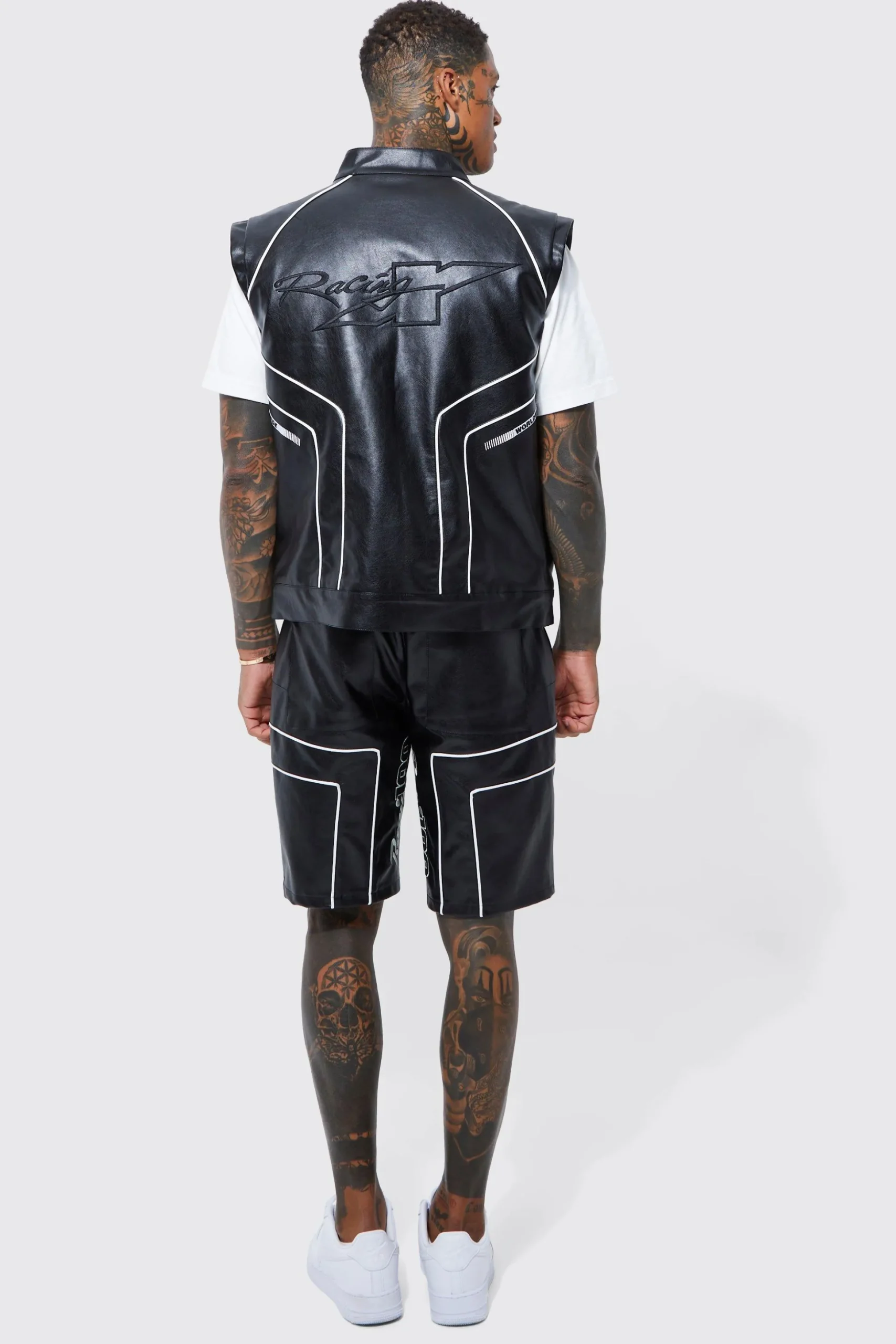 Embroidered Pu Moto Gilet | BoohooMAN UK