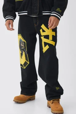 Extreme Baggy Rigid Varsity Applique Jeans | BoohooMAN UK