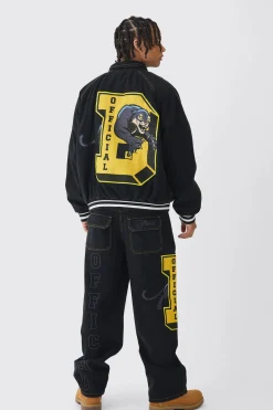 Extreme Baggy Rigid Varsity Applique Jeans | BoohooMAN UK