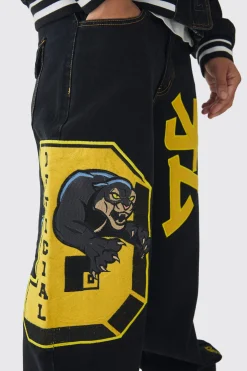 Extreme Baggy Rigid Varsity Applique Jeans | BoohooMAN UK