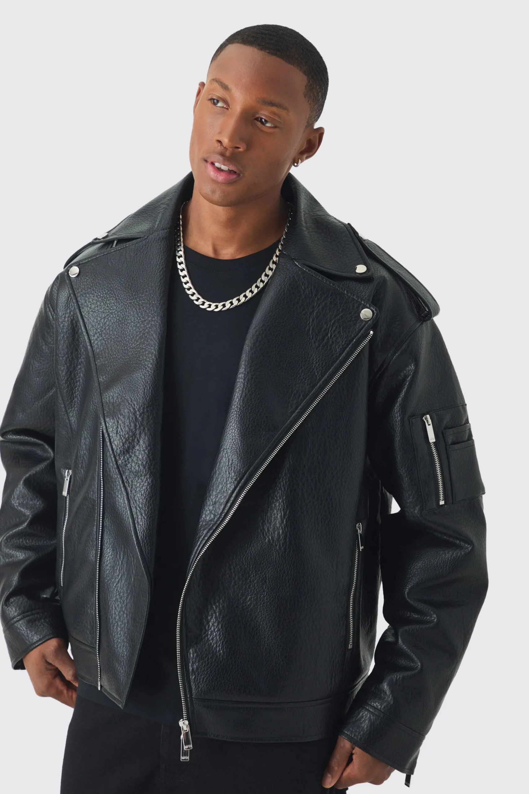 Extreme Oversized Textured Pu Biker Jacket In Black | BoohooMAN UK