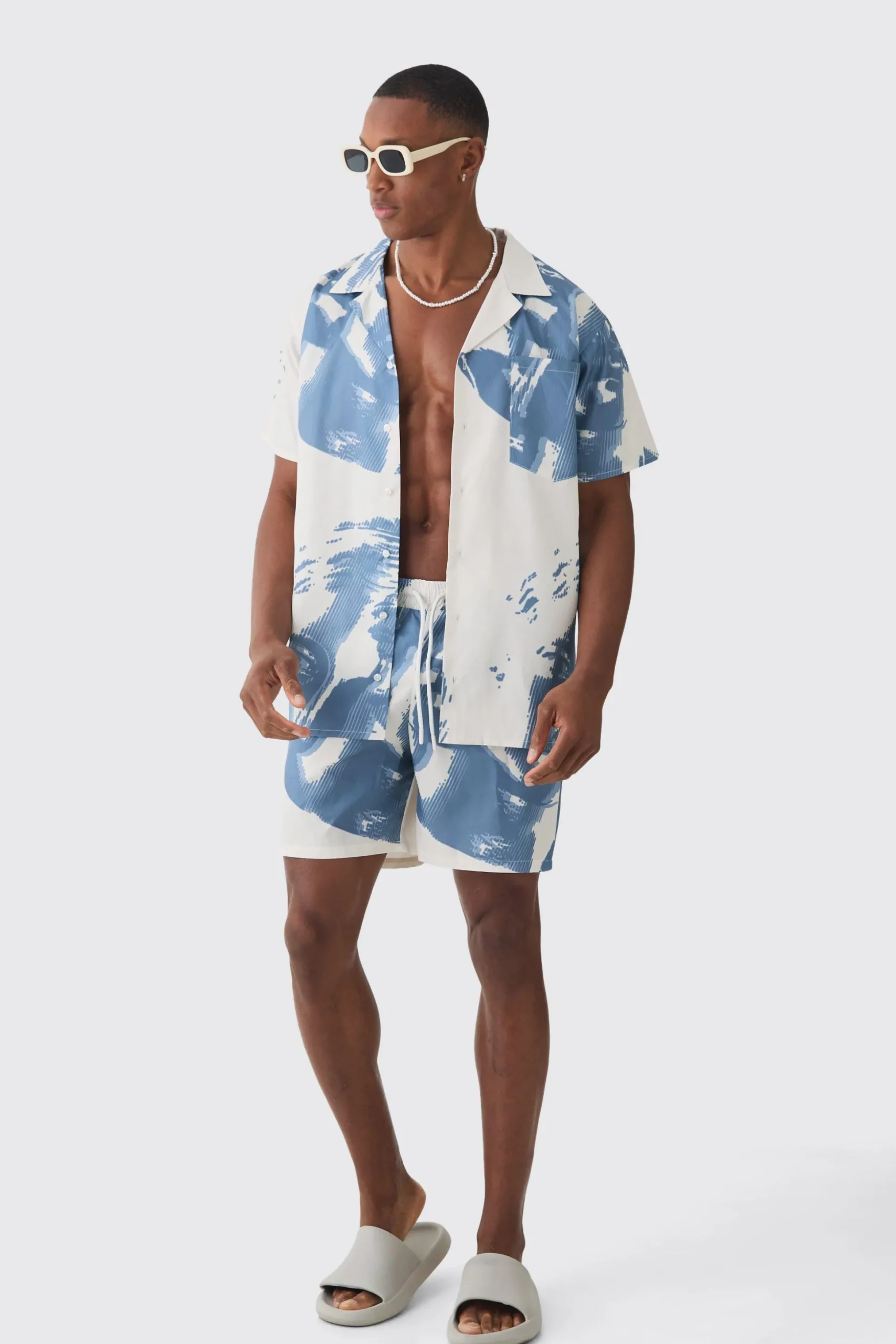 Face Graphic Shirt & Swim Short Set | BoohooMAN UK