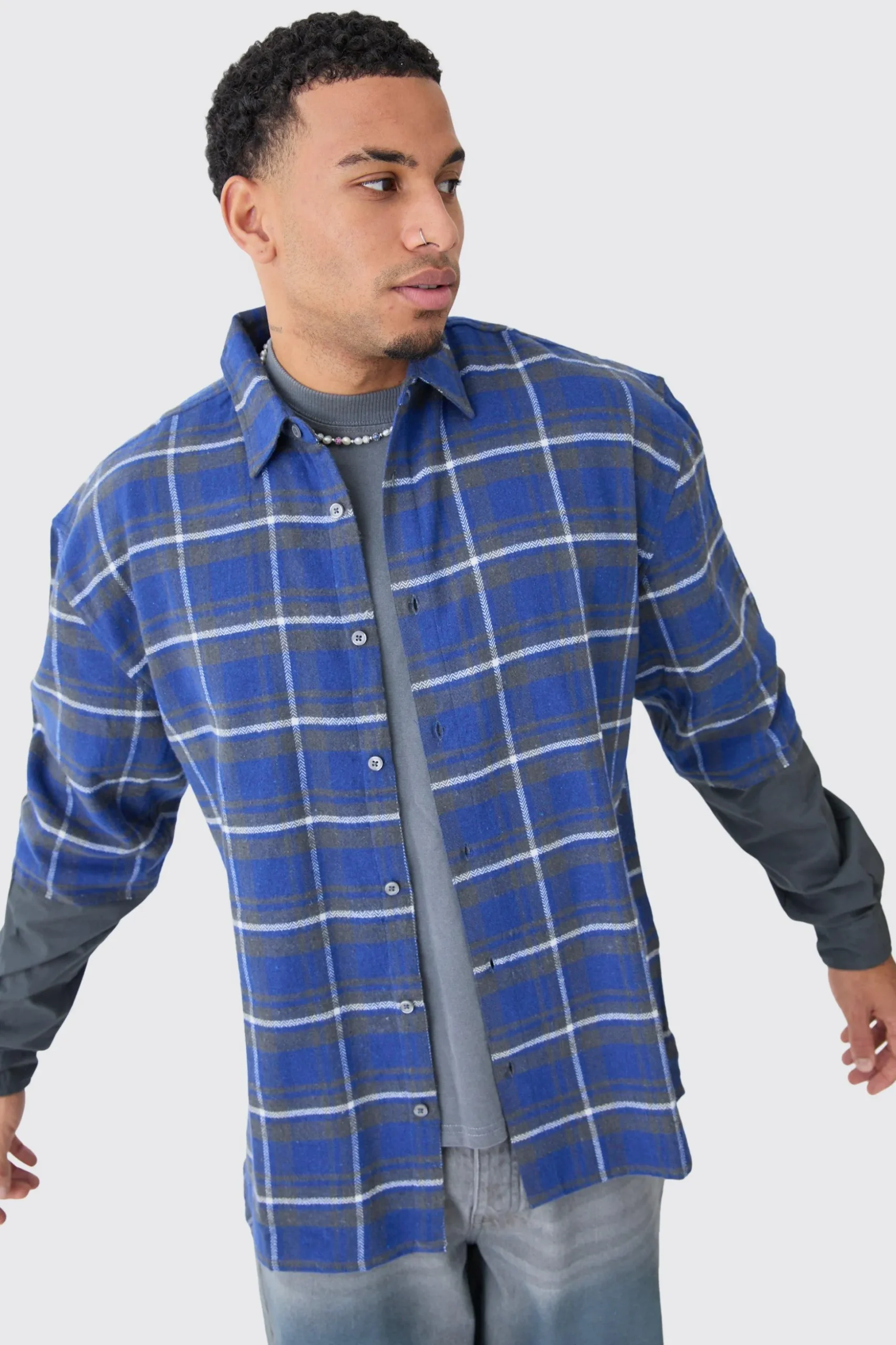 Faux Layer Jersey Boxy Check Overshirt | BoohooMAN UK