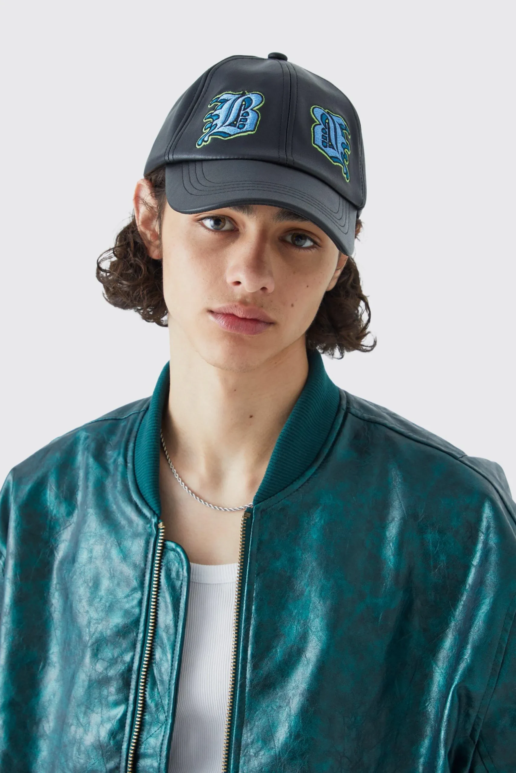 Faux Leather Badge Trucker Cap | BoohooMAN UK