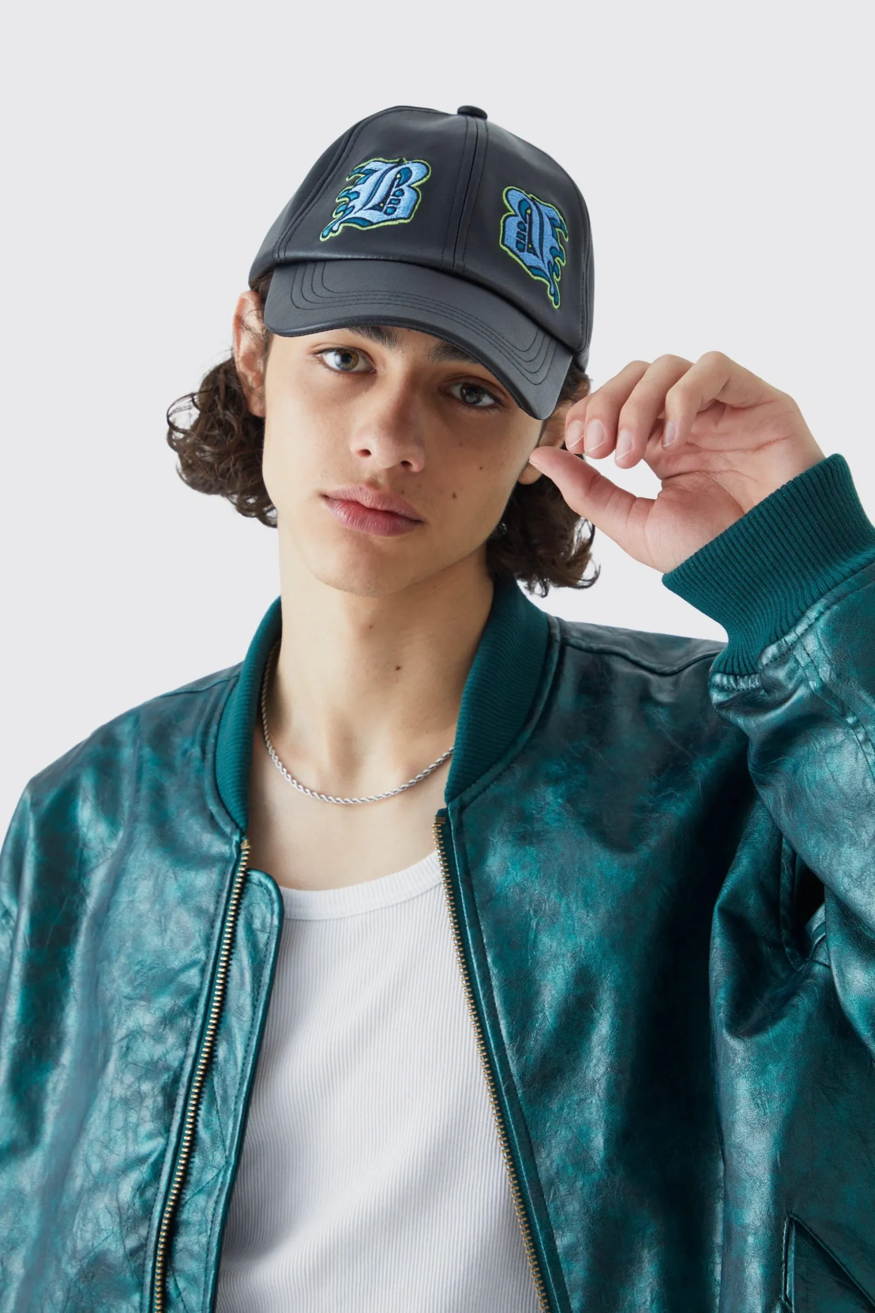 Faux Leather Badge Trucker Cap | BoohooMAN UK