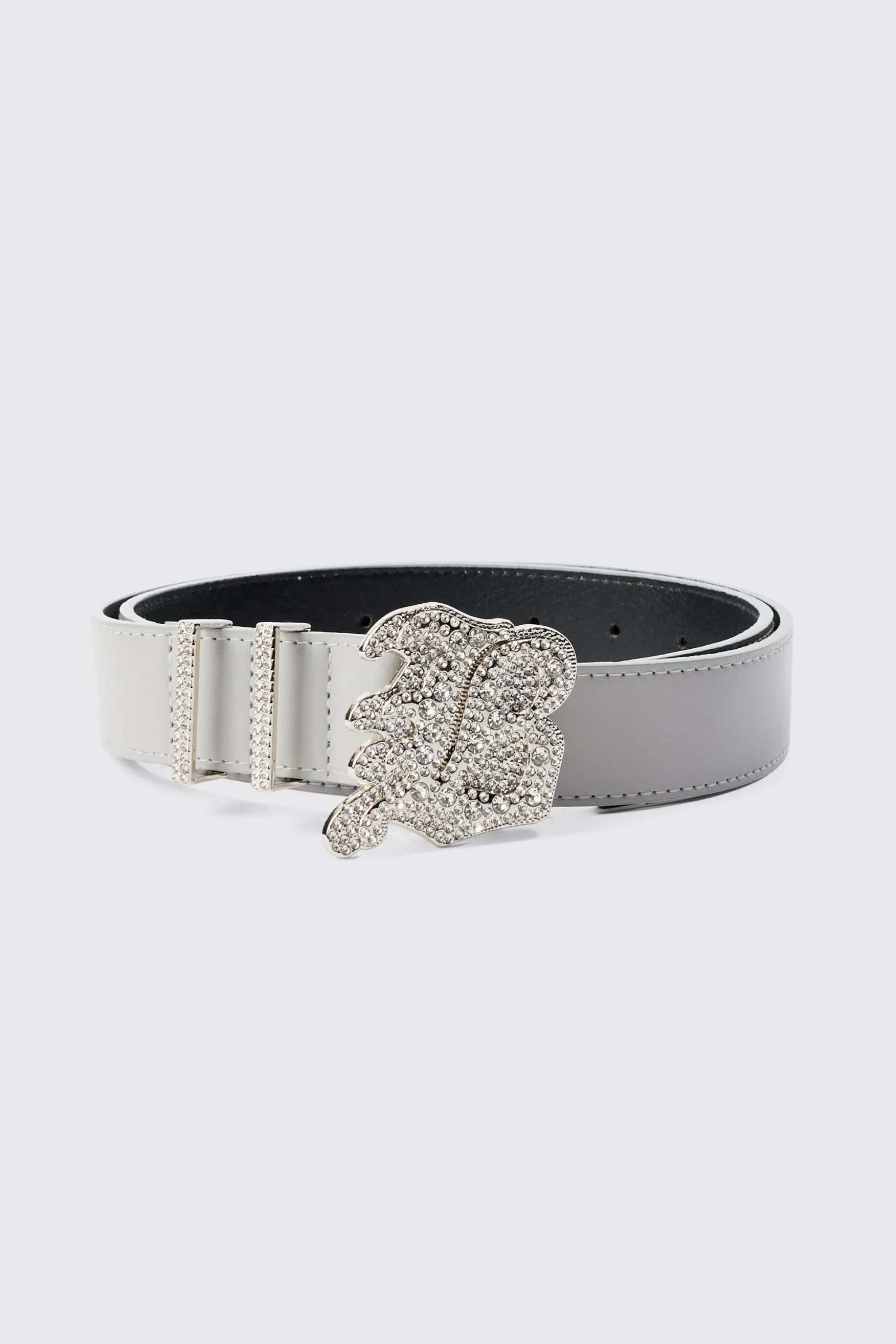 Faux Leather Belt With B Branded Buckle In Grey | BoohooMAN UK
