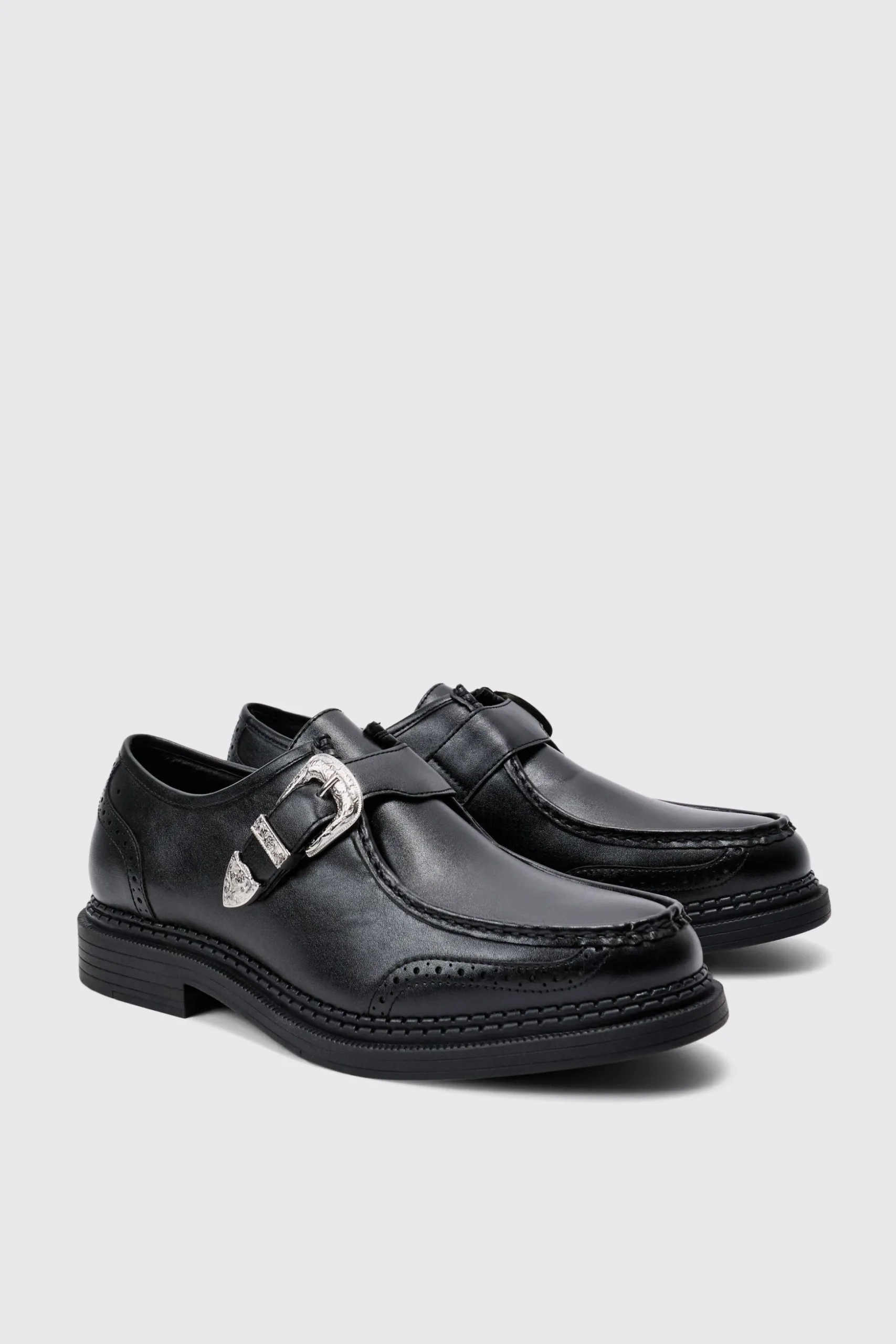 Faux Leather Derby Shoes With Western Buckle In Black | BoohooMAN UK