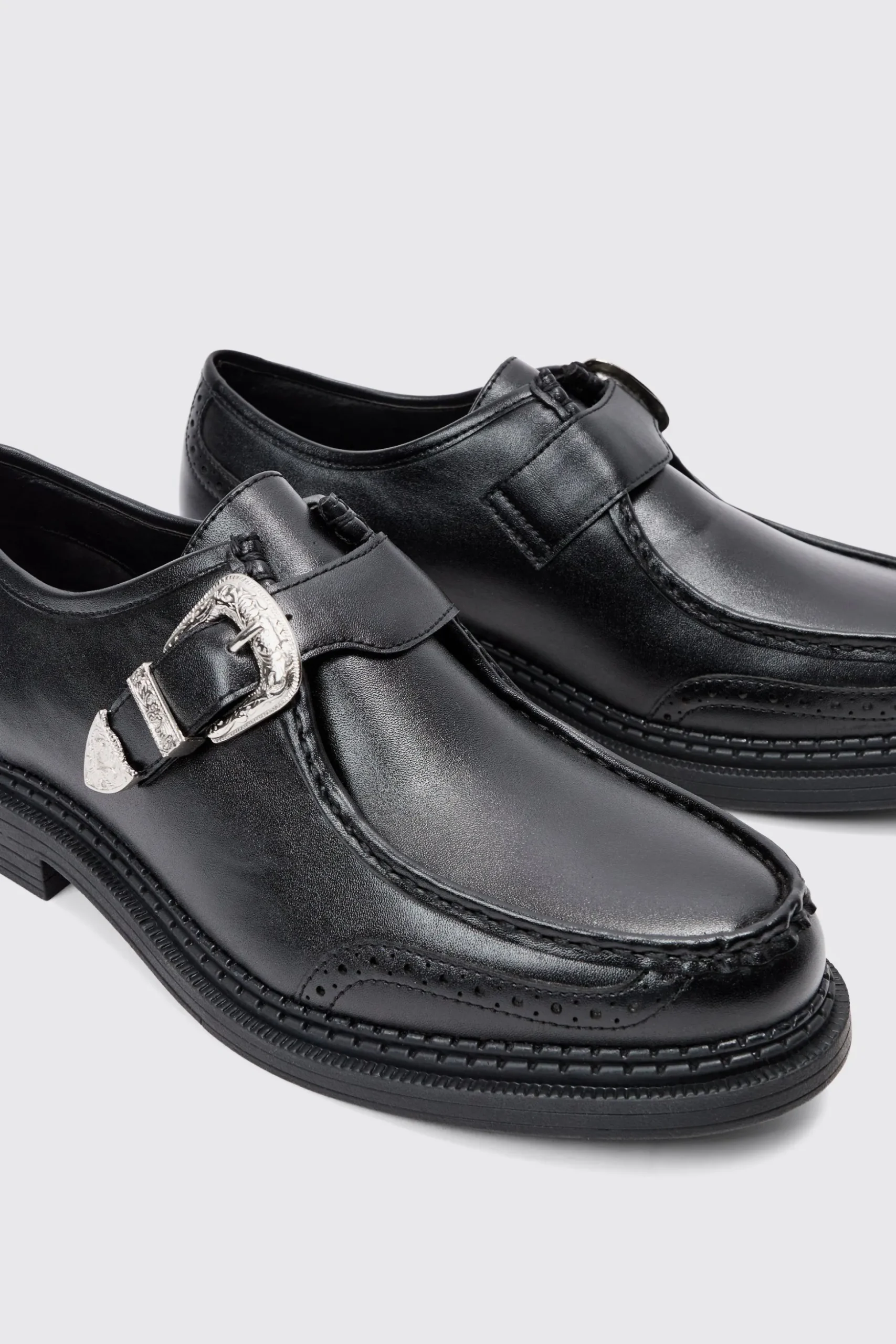 Faux Leather Derby Shoes With Western Buckle In Black | BoohooMAN UK