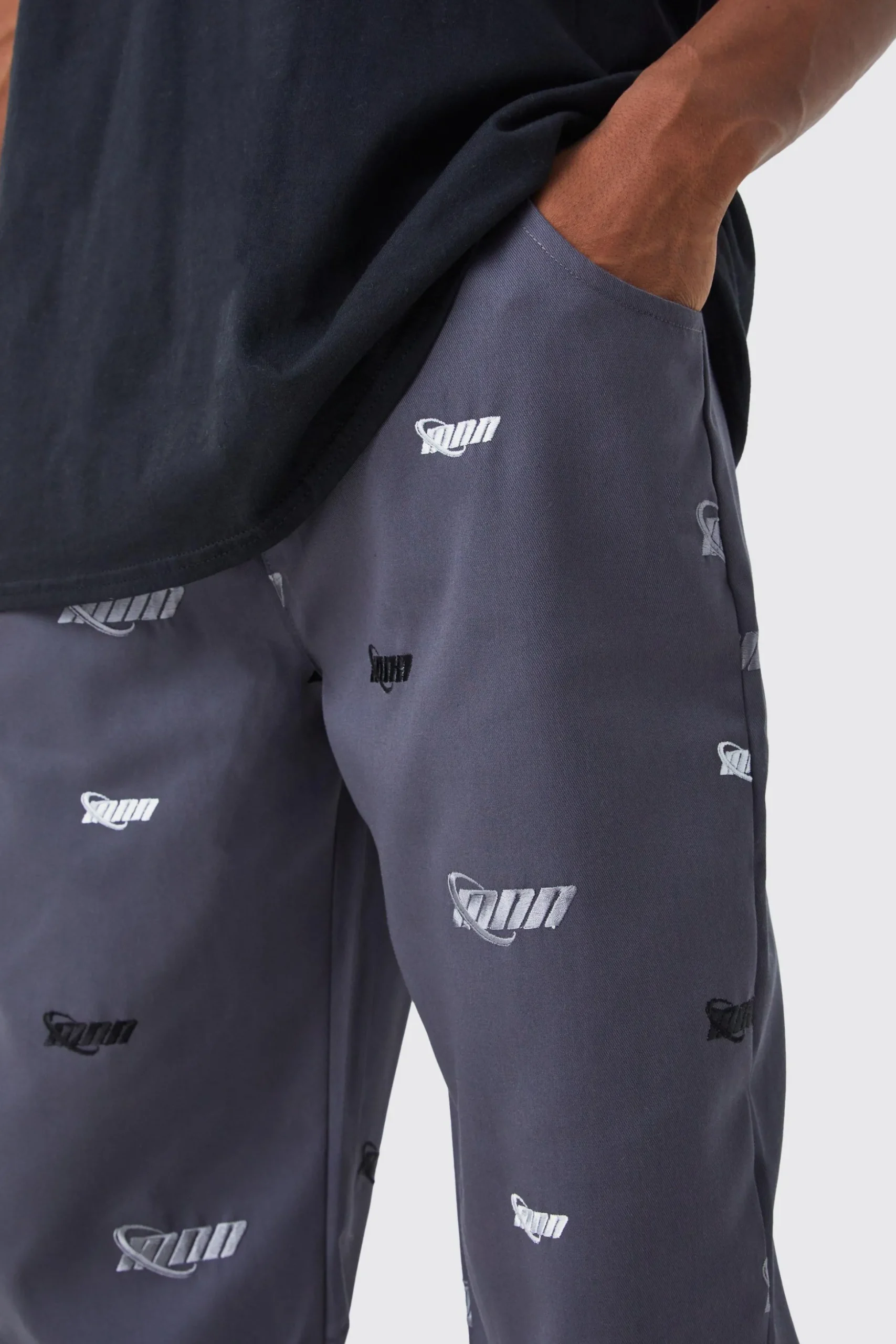 Fixed Waist Relaxed All Over Embroidery Trouser | BoohooMAN UK