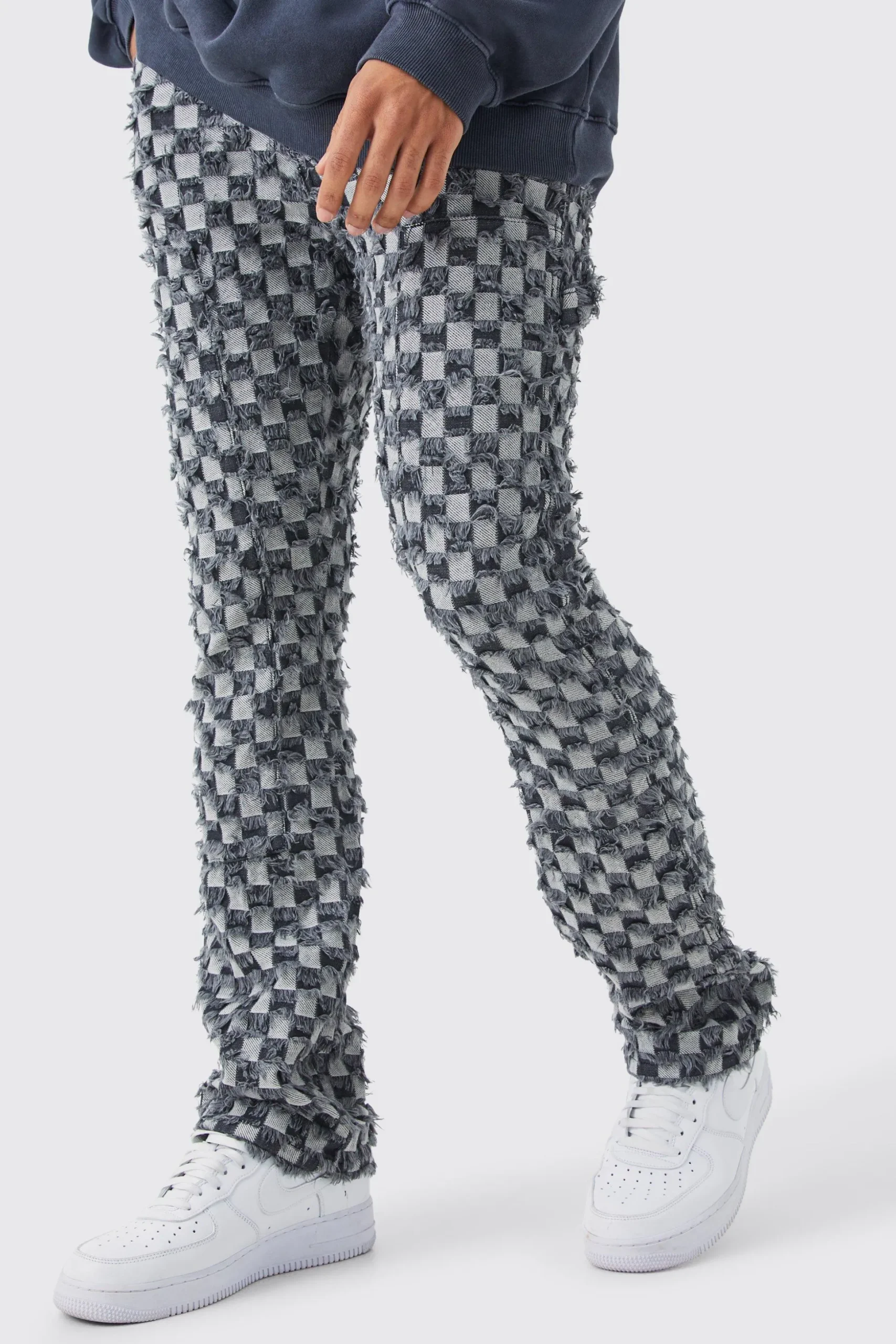 Fixed Waist Slim Flare Checked Tapestry Gusset Trouser | BoohooMAN UK