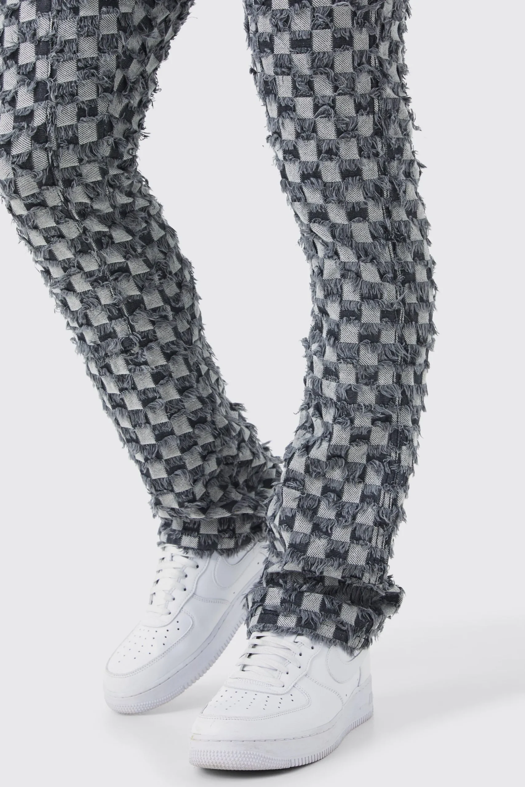 Fixed Waist Slim Flare Checked Tapestry Gusset Trouser | BoohooMAN UK