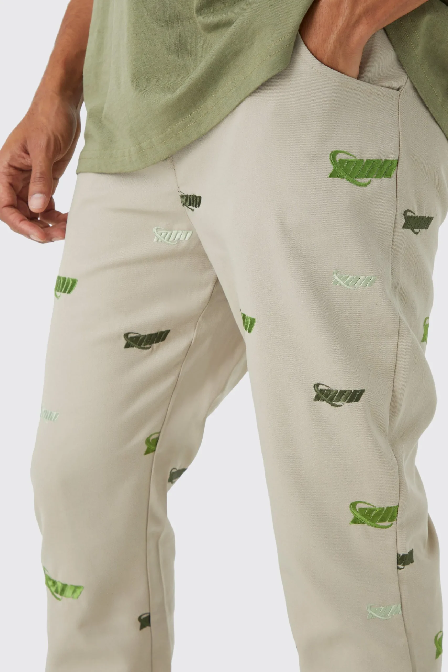 Fixed Waist Slim Flare Embroidered Trouser | BoohooMAN UK