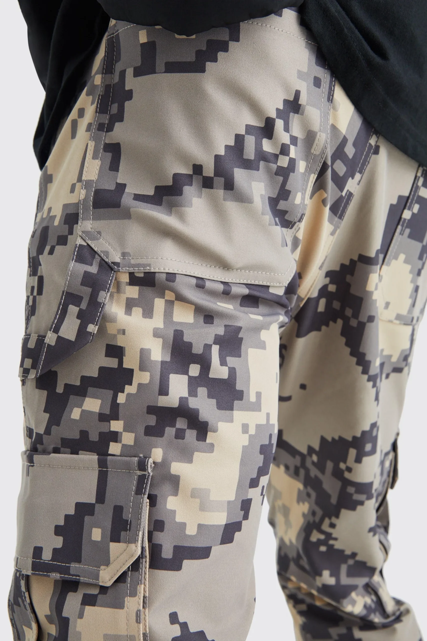 Fixed Waist Slim Flare Gusset Pixel Camo Cargo Trouser | BoohooMAN UK