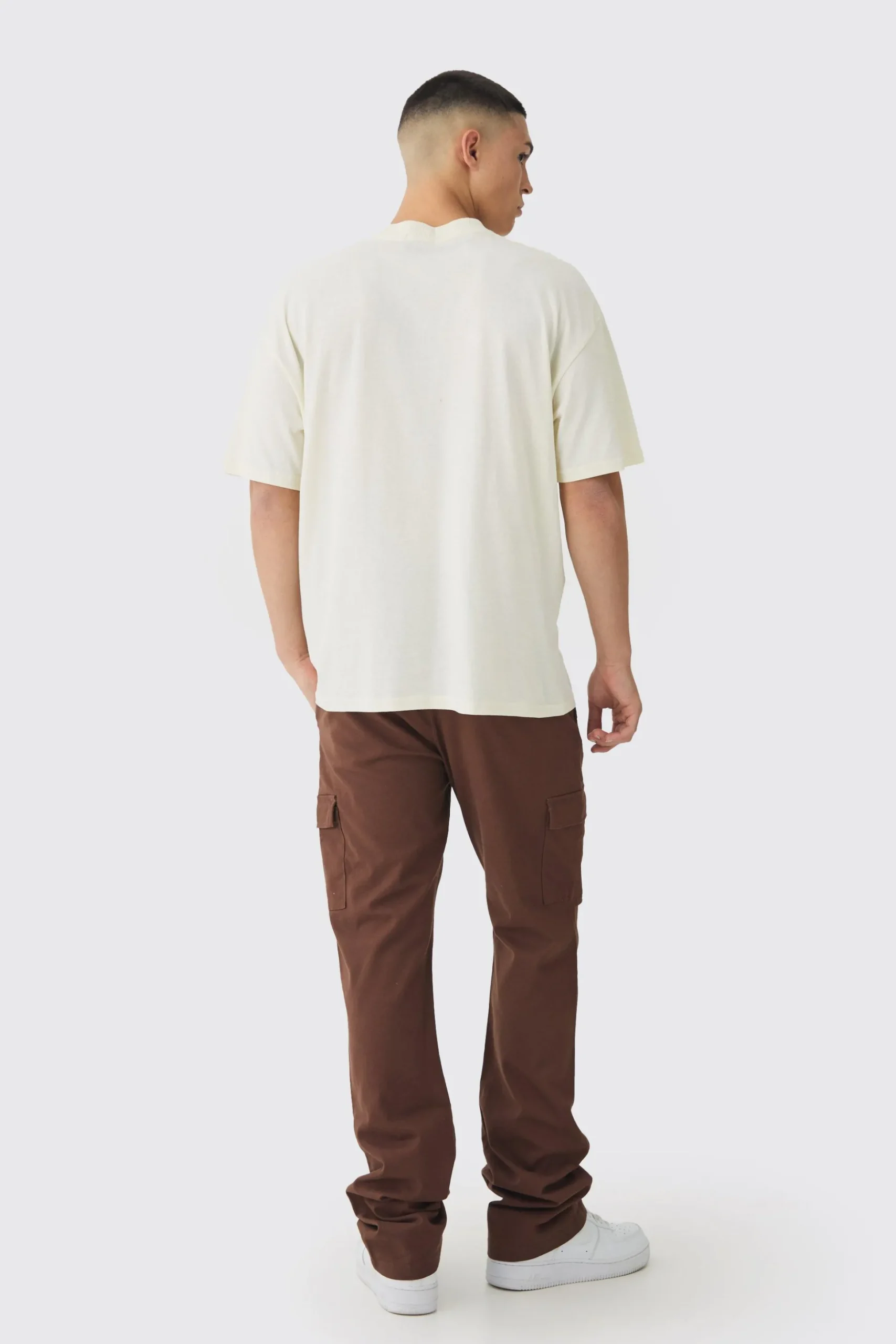 Fixed Waist Slim Flare Stacked Twill Cargo Trousers | BoohooMAN UK
