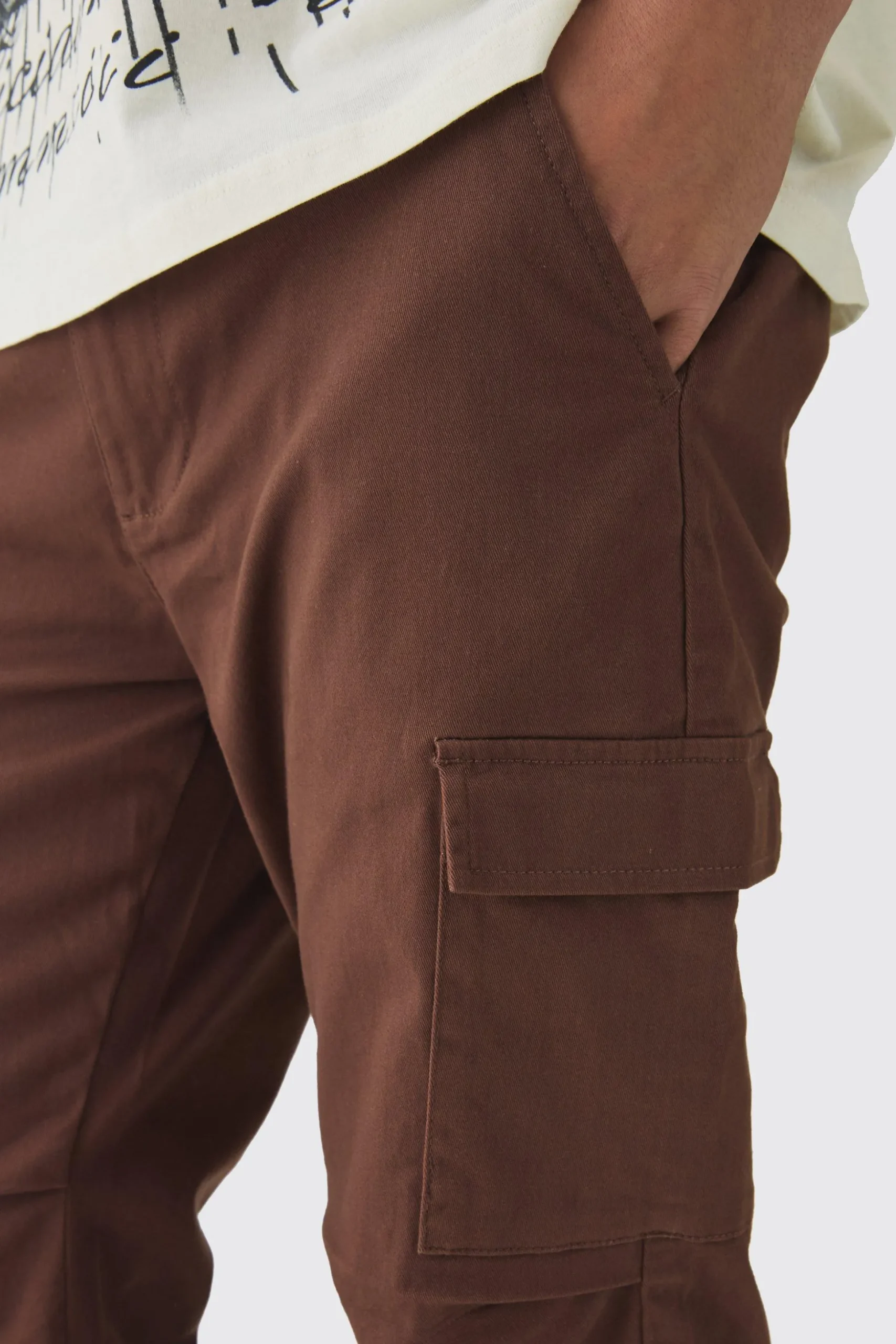 Fixed Waist Slim Flare Stacked Twill Cargo Trousers | BoohooMAN UK