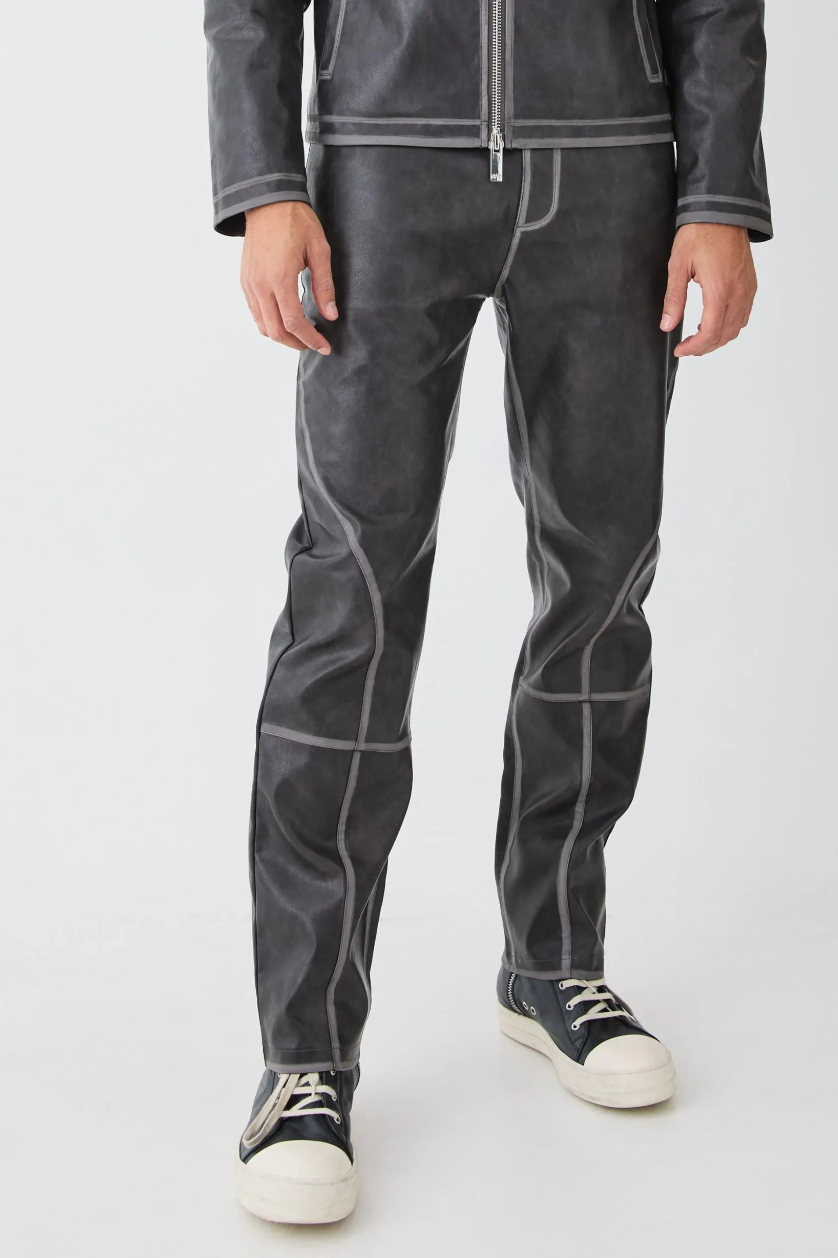 Fixed Waist Straight Leg Washed Pu Trousers | BoohooMAN UK