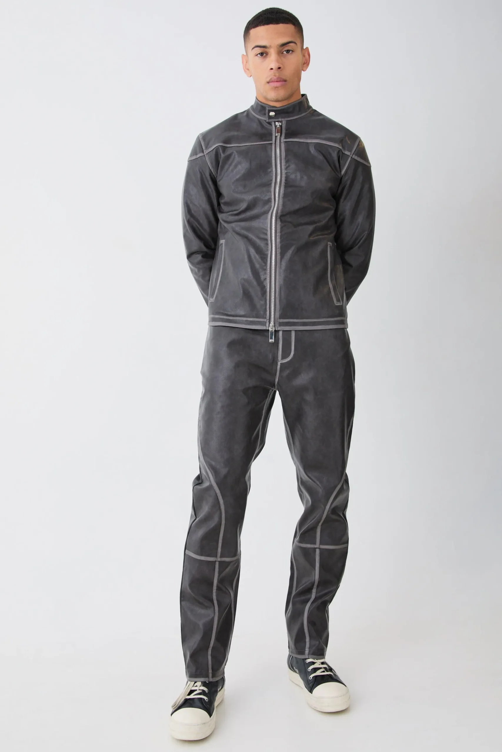 Fixed Waist Straight Leg Washed Pu Trousers | BoohooMAN UK