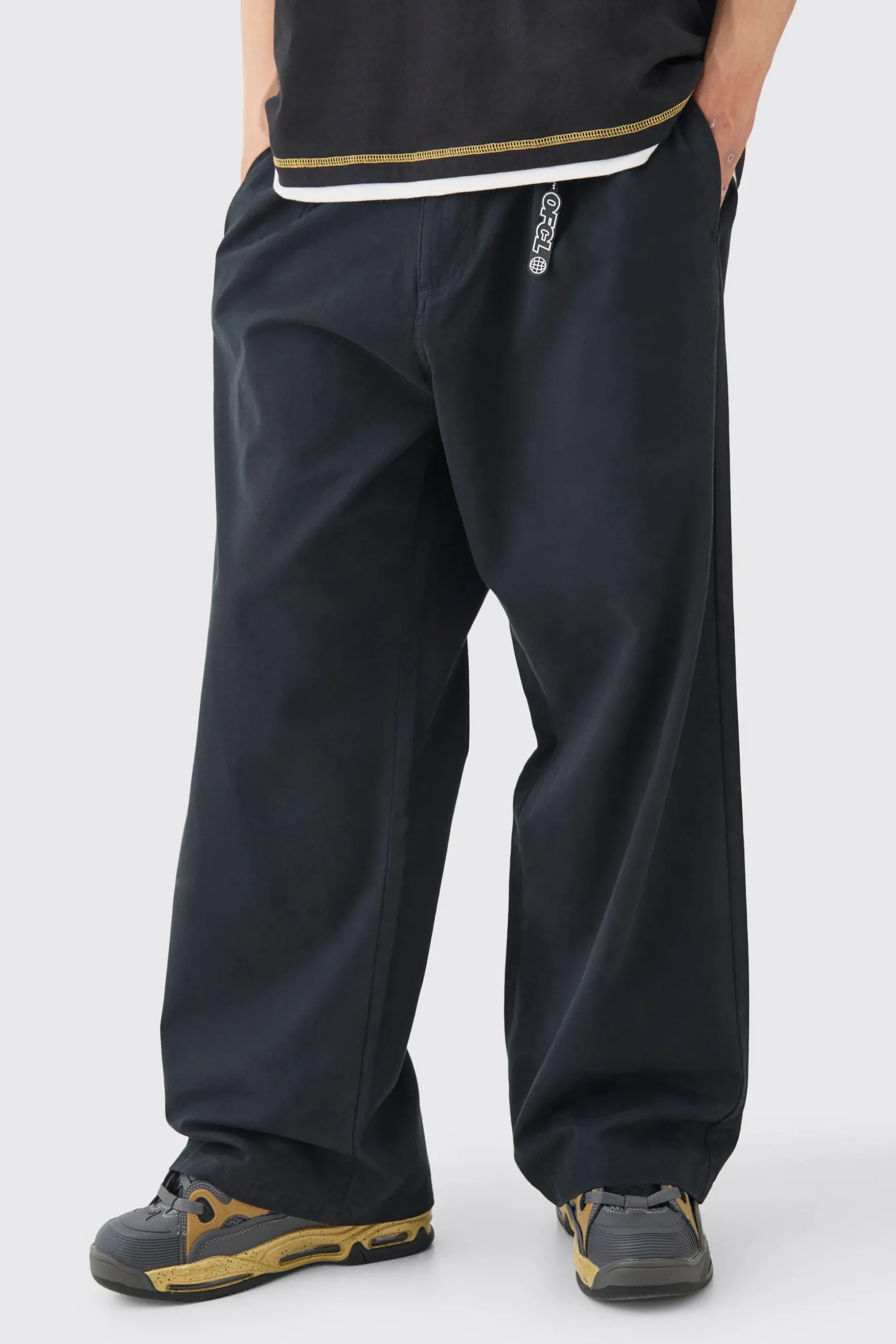 Fixed Waist Super Wide Leg Chino With Charm | BoohooMAN UK