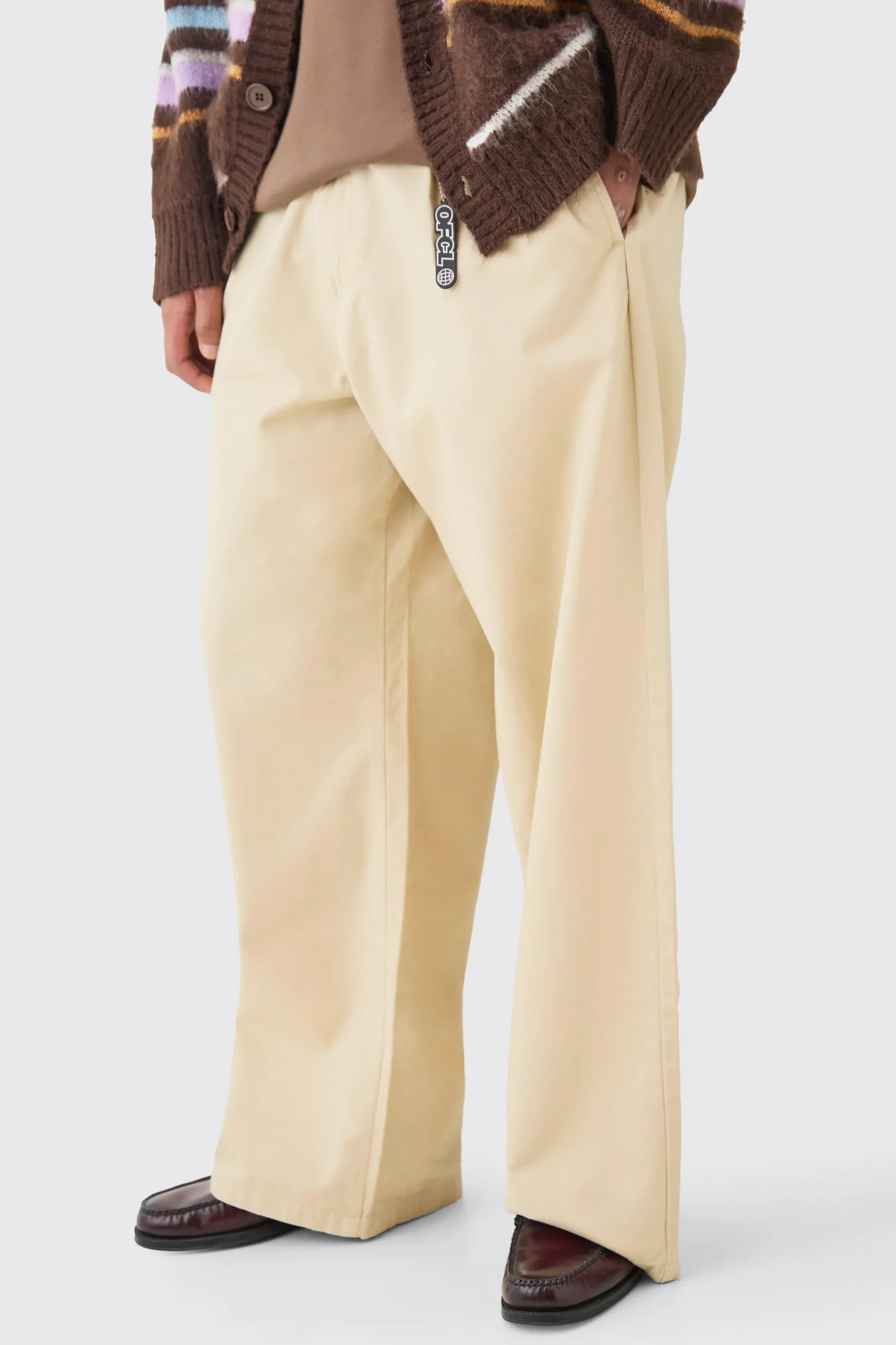 Fixed Waist Super Wide Leg Chino With Charm | BoohooMAN UK