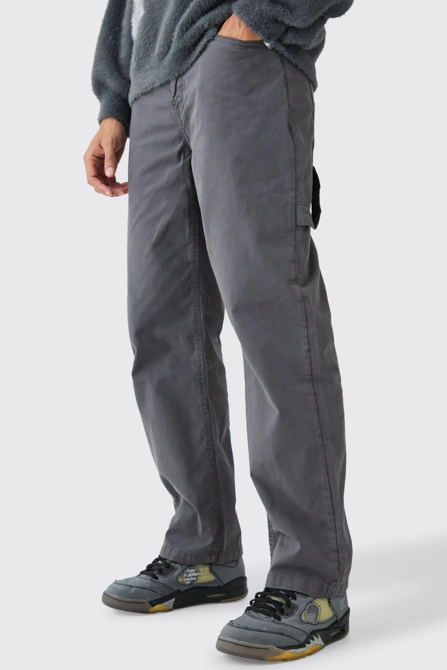 Fixed Waist Washed Relaxed Fit Carpenter Trouser | BoohooMAN UK