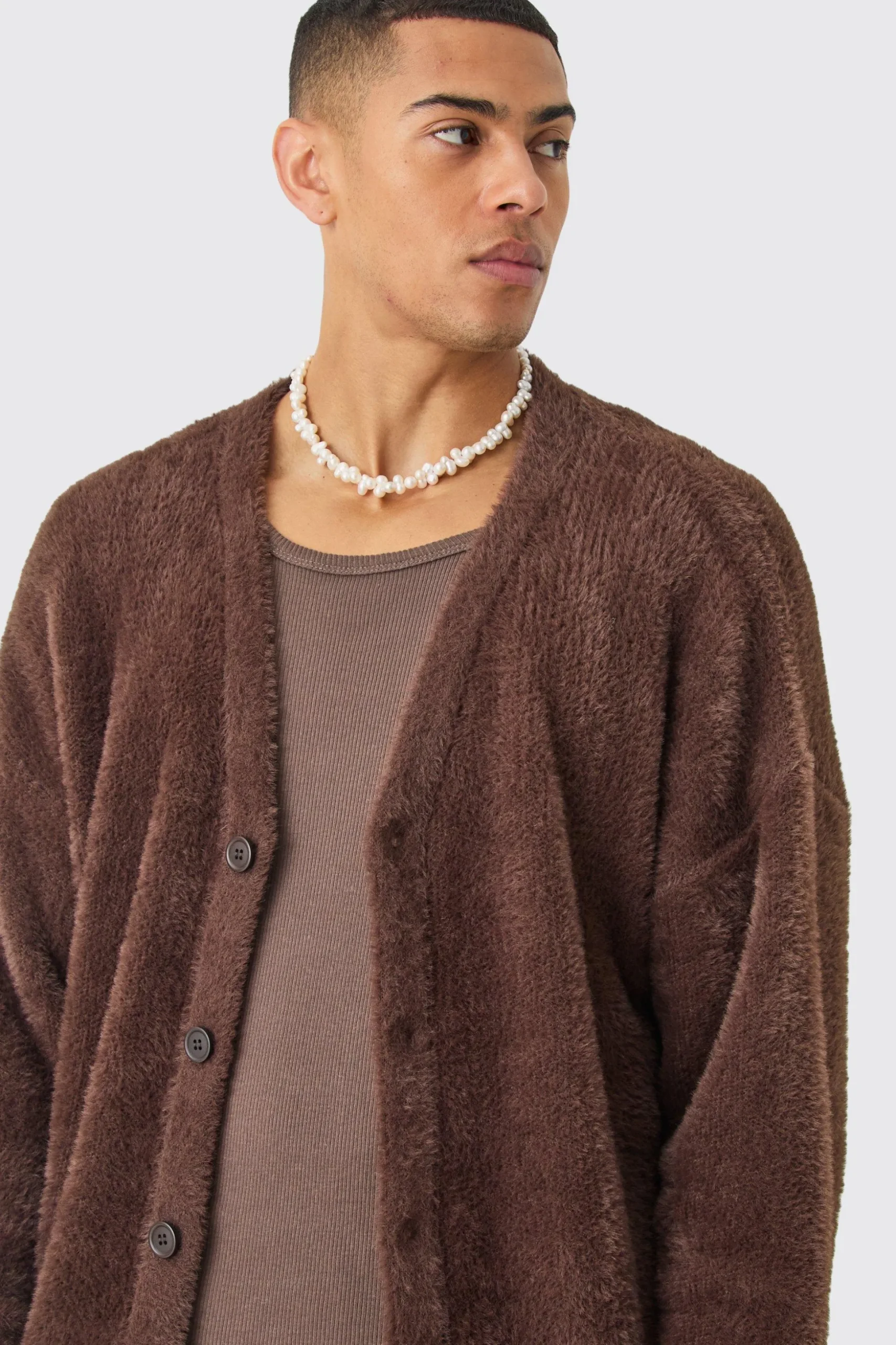 Fluffy Knit Cardigan In Brown | BoohooMAN UK