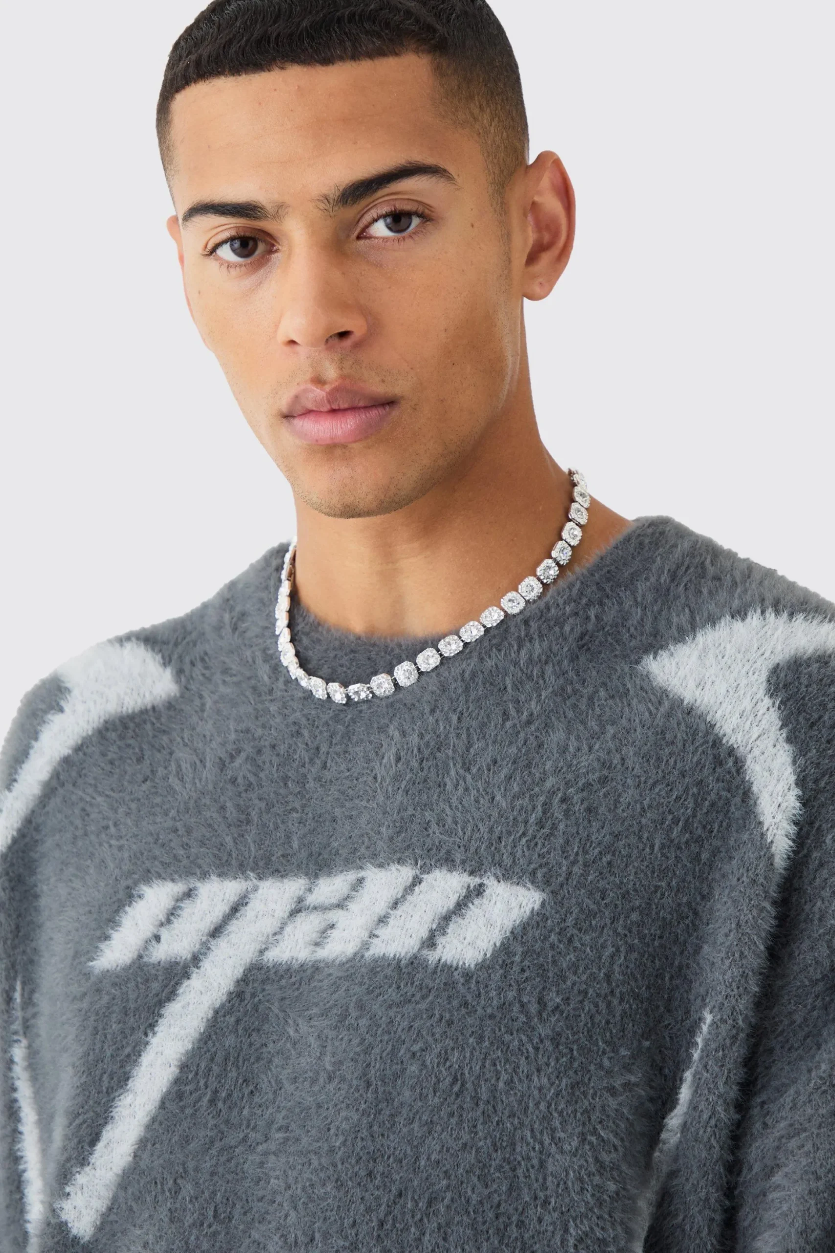 Fluffy Oversized Moto Knit Crew Neck Jumper | BoohooMAN UK