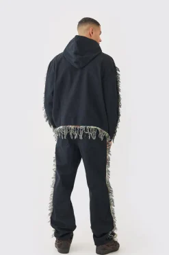 Frayed Tapestry Hooded Overshirt | BoohooMAN UK