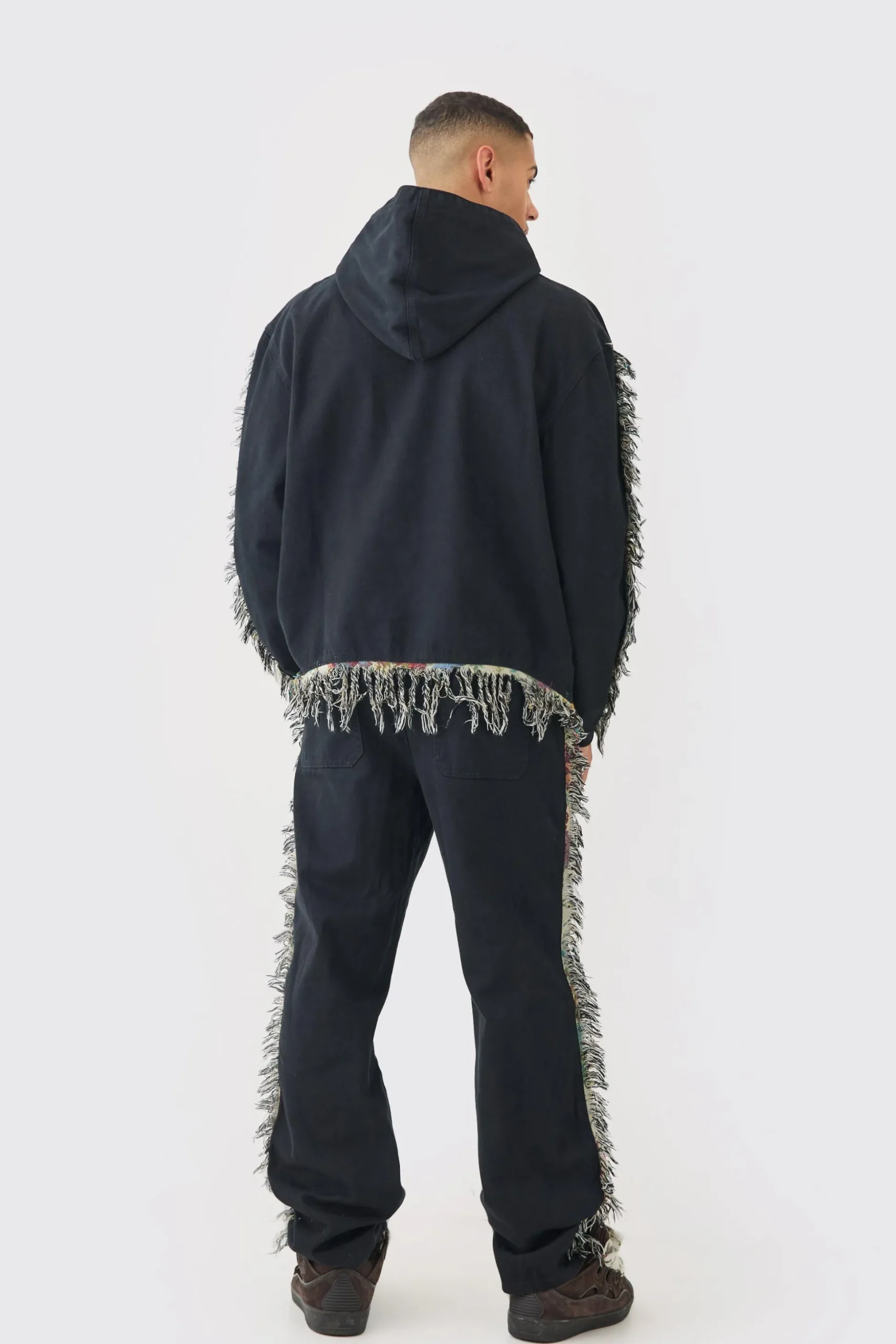Frayed Tapestry Hooded Overshirt | BoohooMAN UK