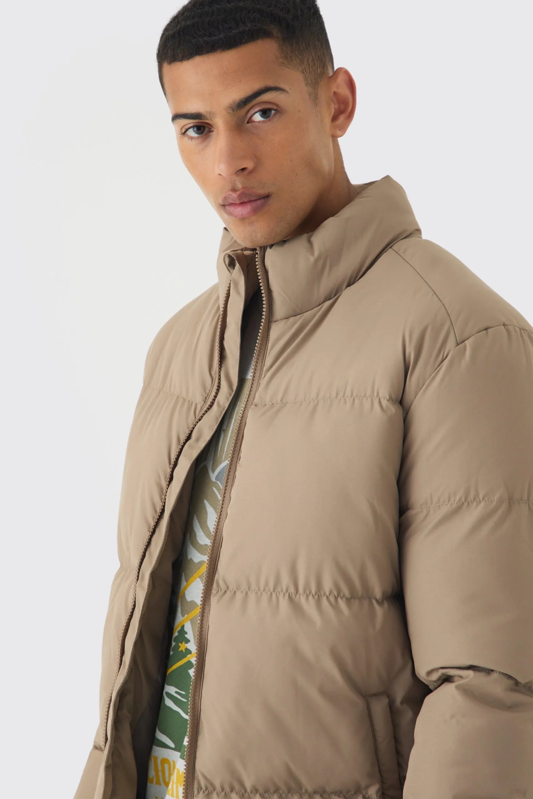 Funnel Neck Puffer Jacket In Stone | BoohooMAN UK