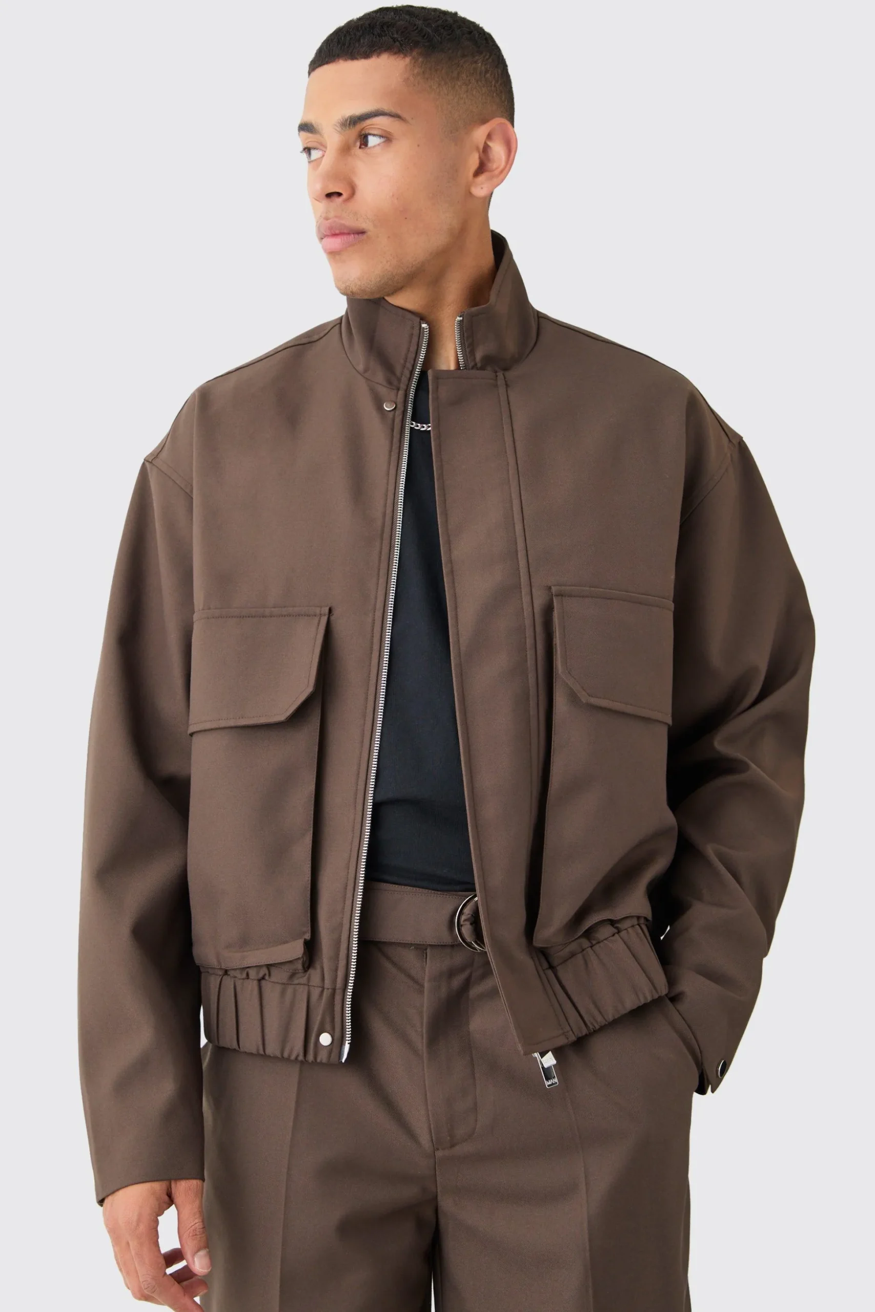 Funnel Neck Relaxed Fit Utility Smart Jacket | BoohooMAN UK