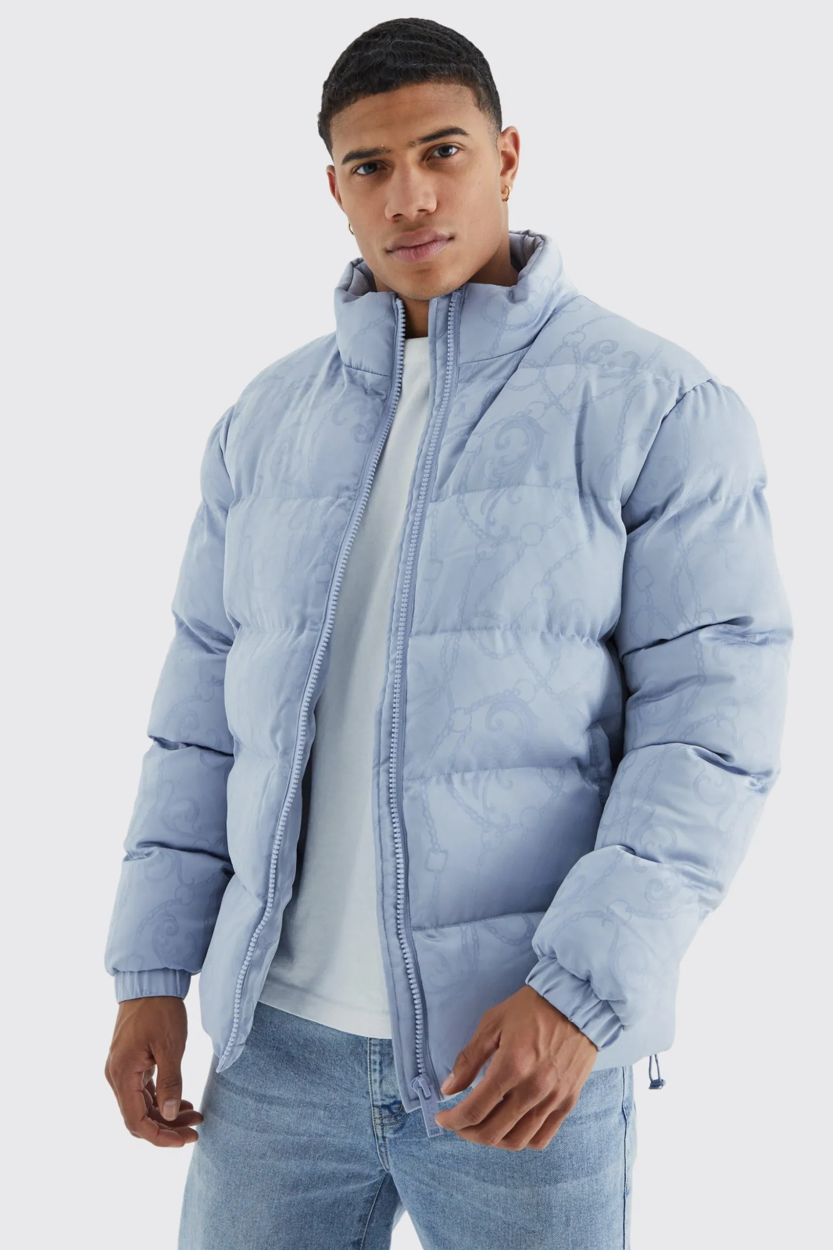 Funnel Neck Satin Chain Print Puffer | BoohooMAN UK