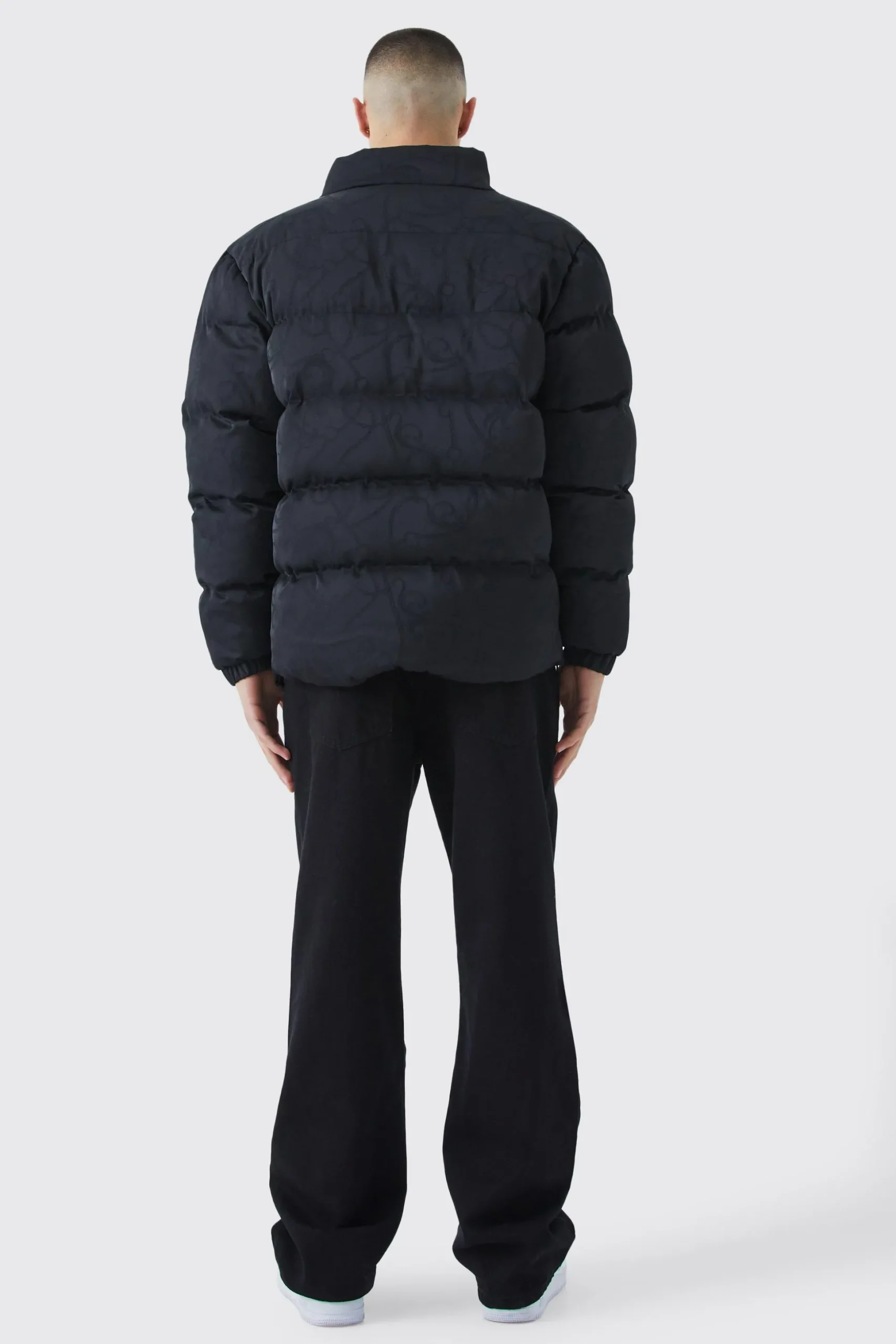 Funnel Neck Satin Chain Print Puffer | BoohooMAN UK
