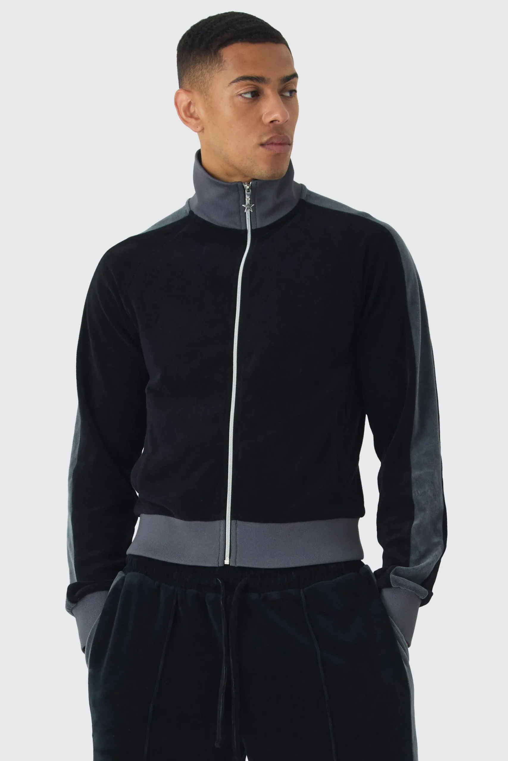 Funnel Neck Velour Track Top | BoohooMAN UK