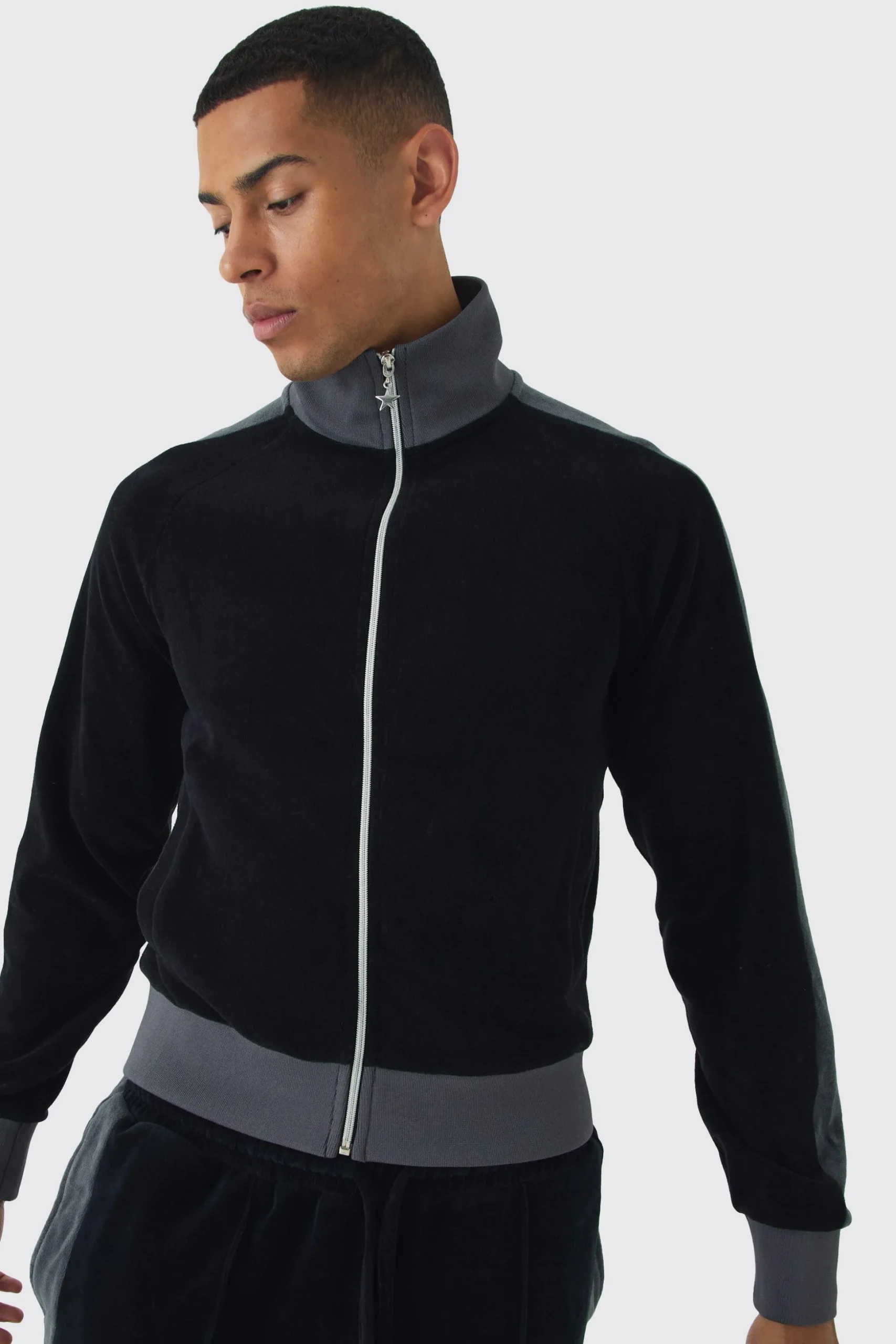 Funnel Neck Velour Track Top | BoohooMAN UK