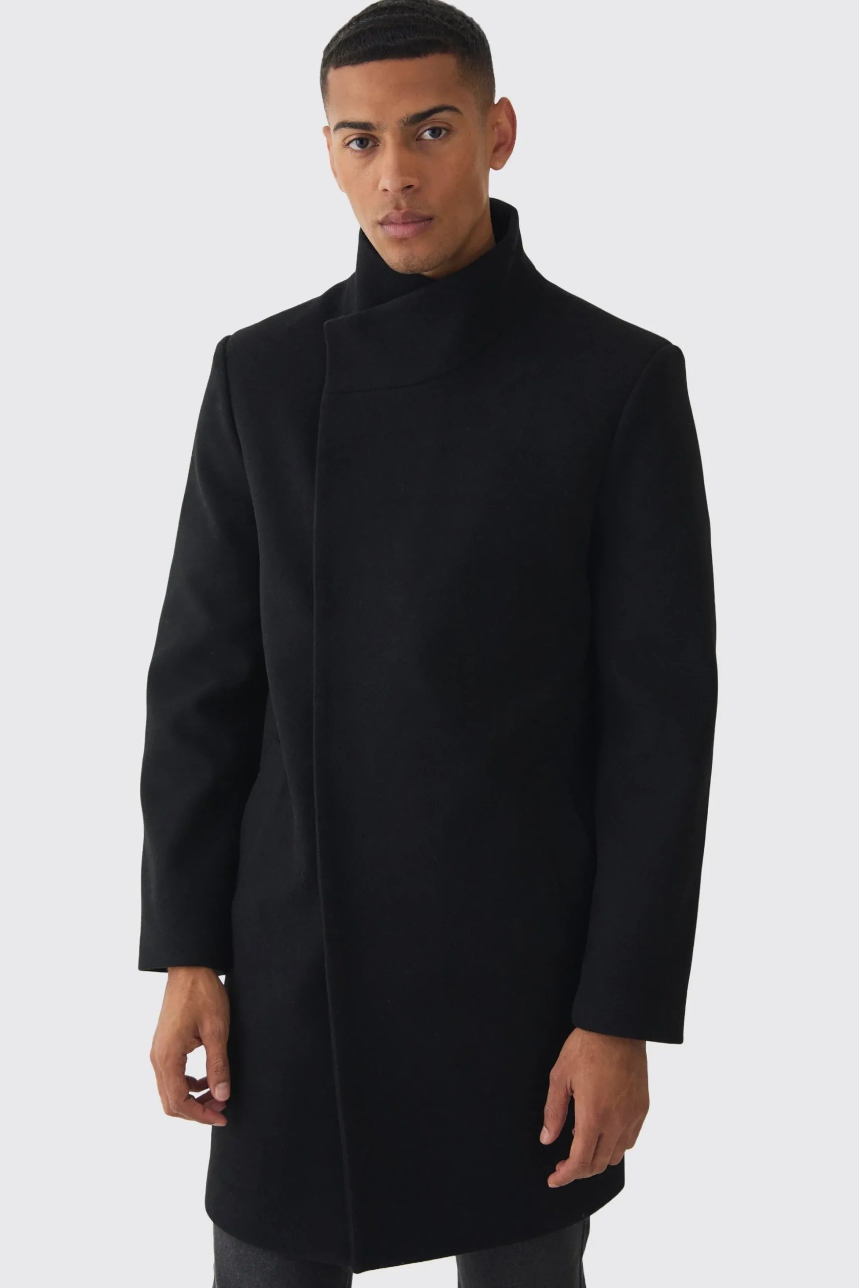 Funnel Neck Wool Look Overcoat In Black | BoohooMAN UK