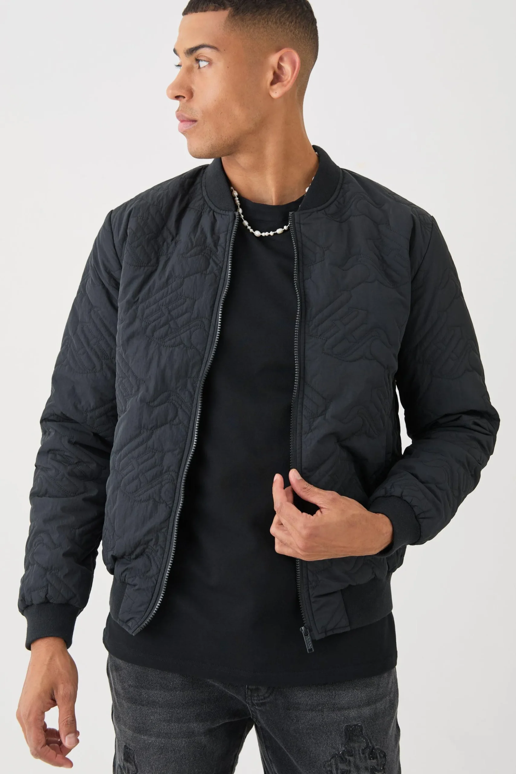 Gothic M Quilted Bomber Jacket In Black | BoohooMAN UK
