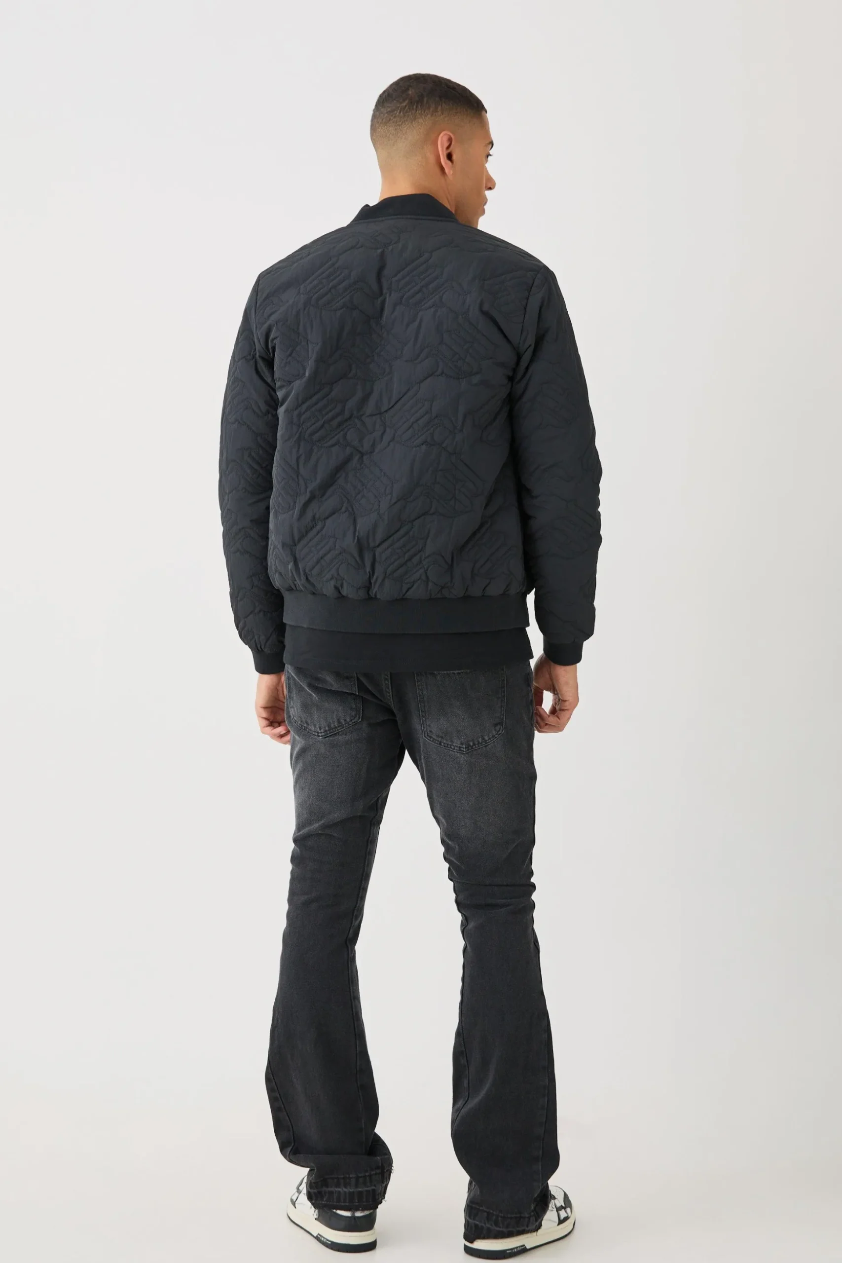 Gothic M Quilted Bomber Jacket In Black | BoohooMAN UK